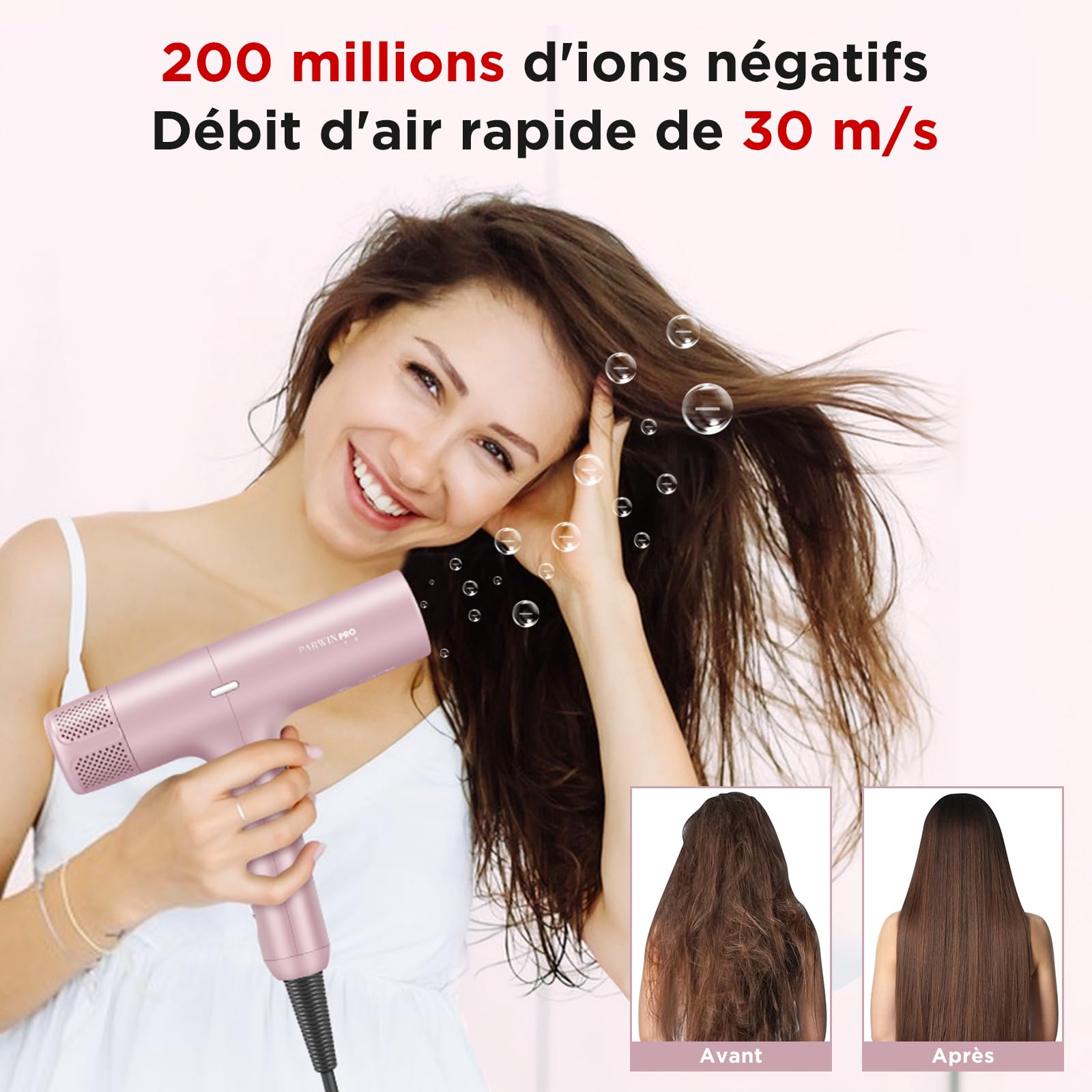 PARWIN PRO BEAUTY Sèche-cheveux ionique unique moteur sans balais de 110 000 tr/min à faible bruit microfiltre innovant diffuseur magnétique écran LCD pour la maison le salon et les voyages (Rose)