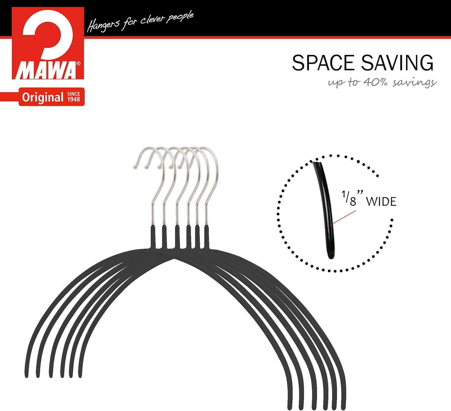 Mawa Narrow Petite Clothing Hangers, Steel Hanger with Non-Slip Coating, for Shirts, Dresses, Camisoles, T-Shirts, Space-Saving, 360-degree Rotatable Hook, Set of 20, Black