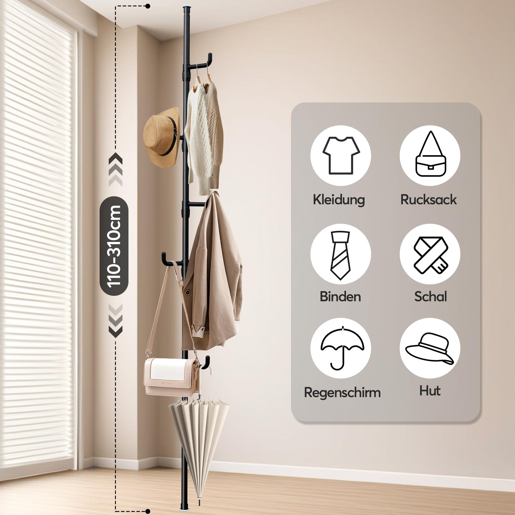 Teleskop kleiderständer mit 5 Haken, Schwarz Garderobenständer Ausziehbar 110-310cm, Kleiderstange Decke Ohne Bohren für Flur Schlafzimmer Wohnzimmer Büro Kleidung Hüte Taschen