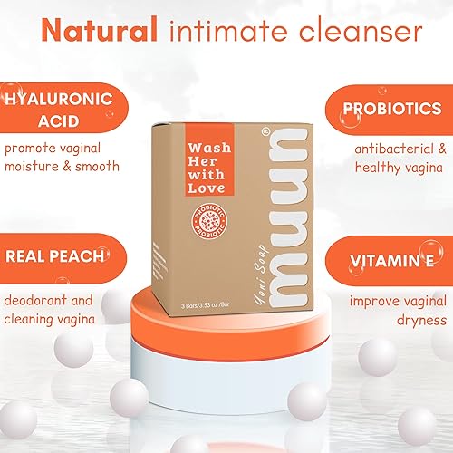Miniatura 2 de Muun Peach Yoni - Barra de jabón  Paquete de 3 limpiadores equilibrantes de pH  Probióticos e ingredientes naturales  Fórmula de limpieza suave que