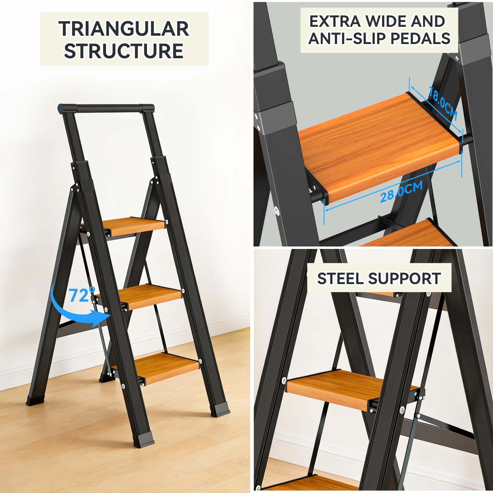 KULACO Scala a gradini pieghevole 3 gradini con corrimano estensibile, scala in alluminio antiscivolo & extra larga, leggera fino a 150 kg, scala domestica compatta per cucina, casa, garage