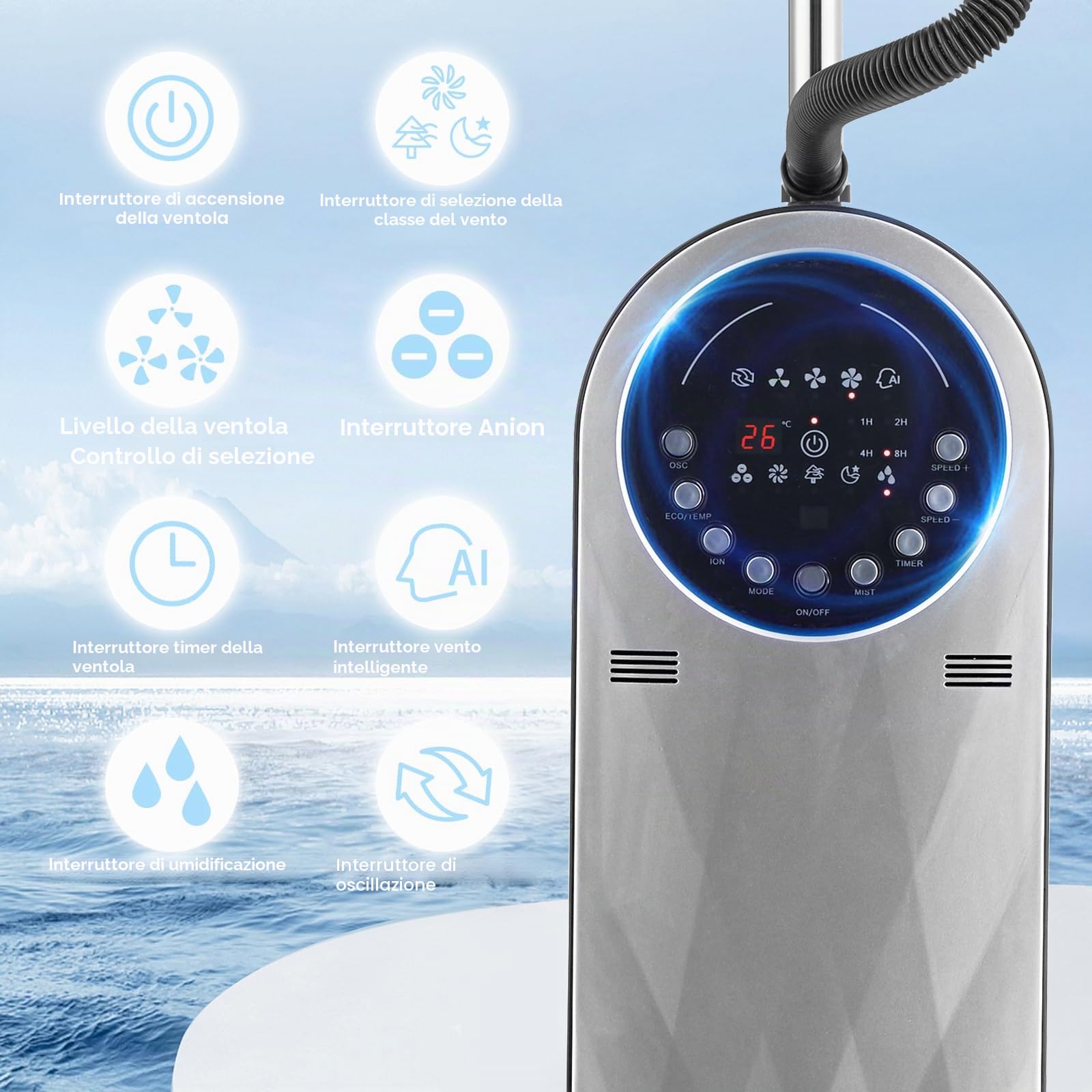Aigostar Ventilatore nebulizzatore interno Silenzioso, 95W con telecomando, Timer programmabile fino a 8 ore, funzione ionica, display LED - Forest Mist