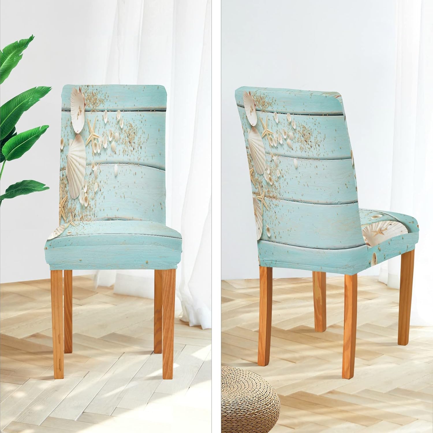 ALAZA Seashells Frame on Wooden Nautical Border Dining Room Chair Slipcovers Dining Chair Covers Parsons Chair Slipcover Office Chairs Stretch Chair Covers for Dining Room
