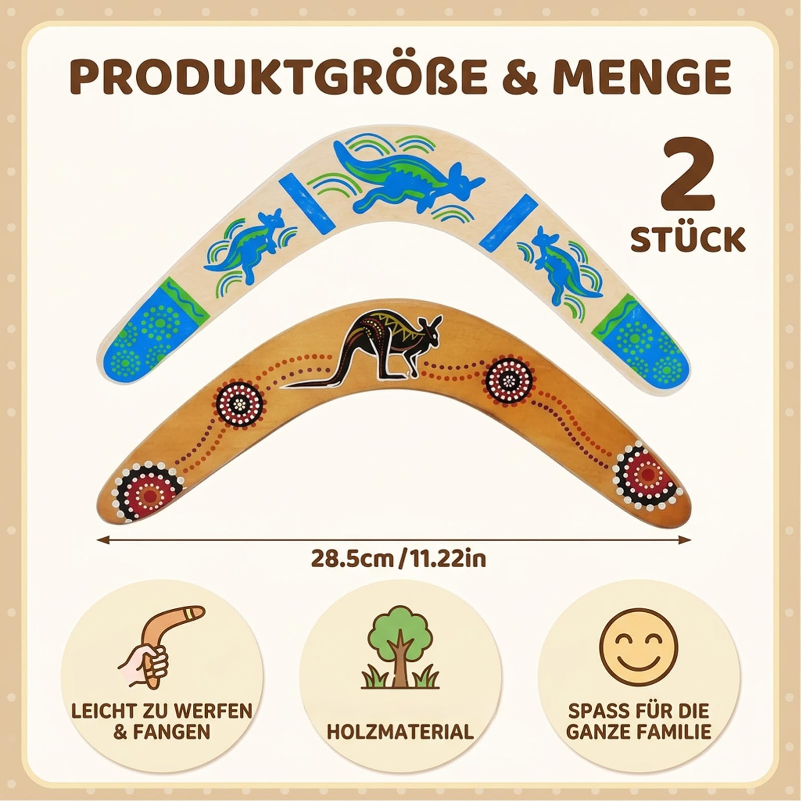 2er Set Holz-Bumerang, V-Form Massivholz Boomerang mit Känguru-Motiv, Wasserfestes Sportspielzeug für Outdoor Spiele und Familienaktivitäten