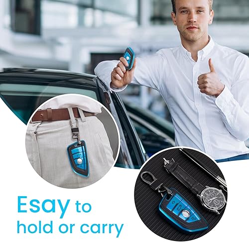 Miniatura 4 de Funda para llave BMW con llavero de cuero, con forma de hoja avanzada, superficie de TPU suave de grano de cuero para llave inteligente BMW (azul)