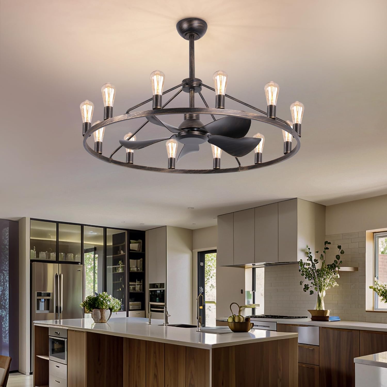 Farmhouse Ceiling Fan with Lights and Remote,Bronze Fandelier,Wagon Wheel Chandelier with Fan,44 Inch Rustic Fans for 20x25' Large Room