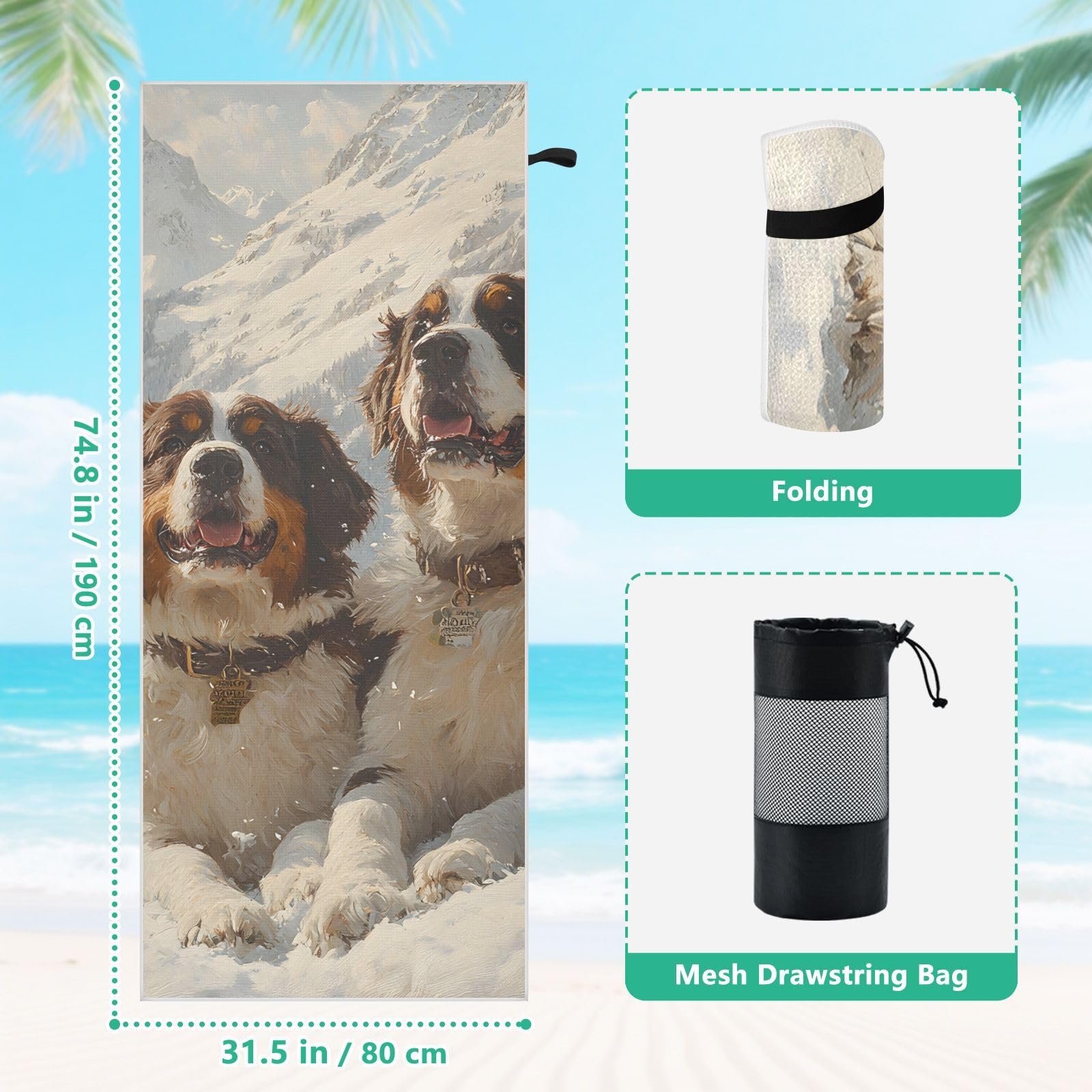 Toallas de playa grandes con bolsas de malla para adultos, toalla de baño de perro Bernard en montaña con cierre magnético, toalla absorbente de secado rápido para piscina, camping y viajes, 190