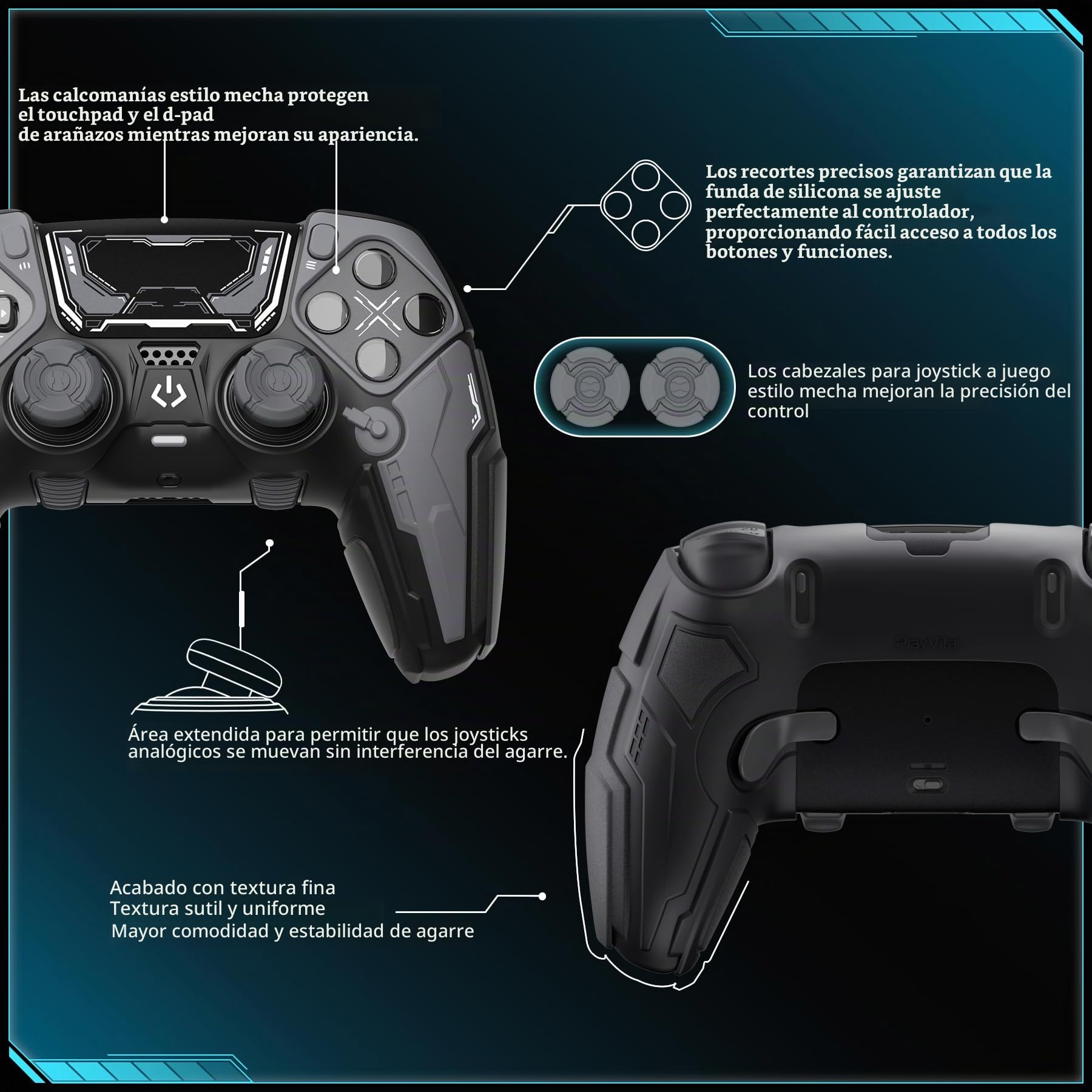 PlayVital Funda de Silicona para ps5 Edge Mando - Carcasa Protectora Antideslizante con Tapas para Joystick y Pegatinas Decorativas - Stellar Mecha (Negro & Gris Gunmetal)