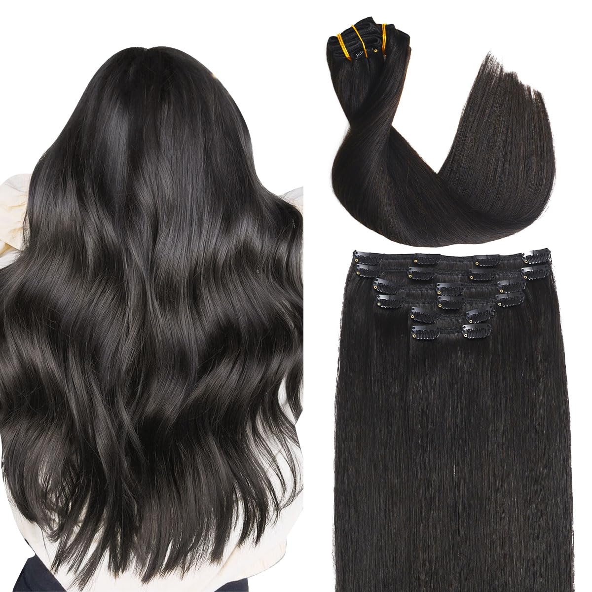 Sindra Clip in Hair Extensions Natural Black Color #1B 16inch 100g Silky Straight Real Human Hair Thick Clip in Extensions #1b 16"