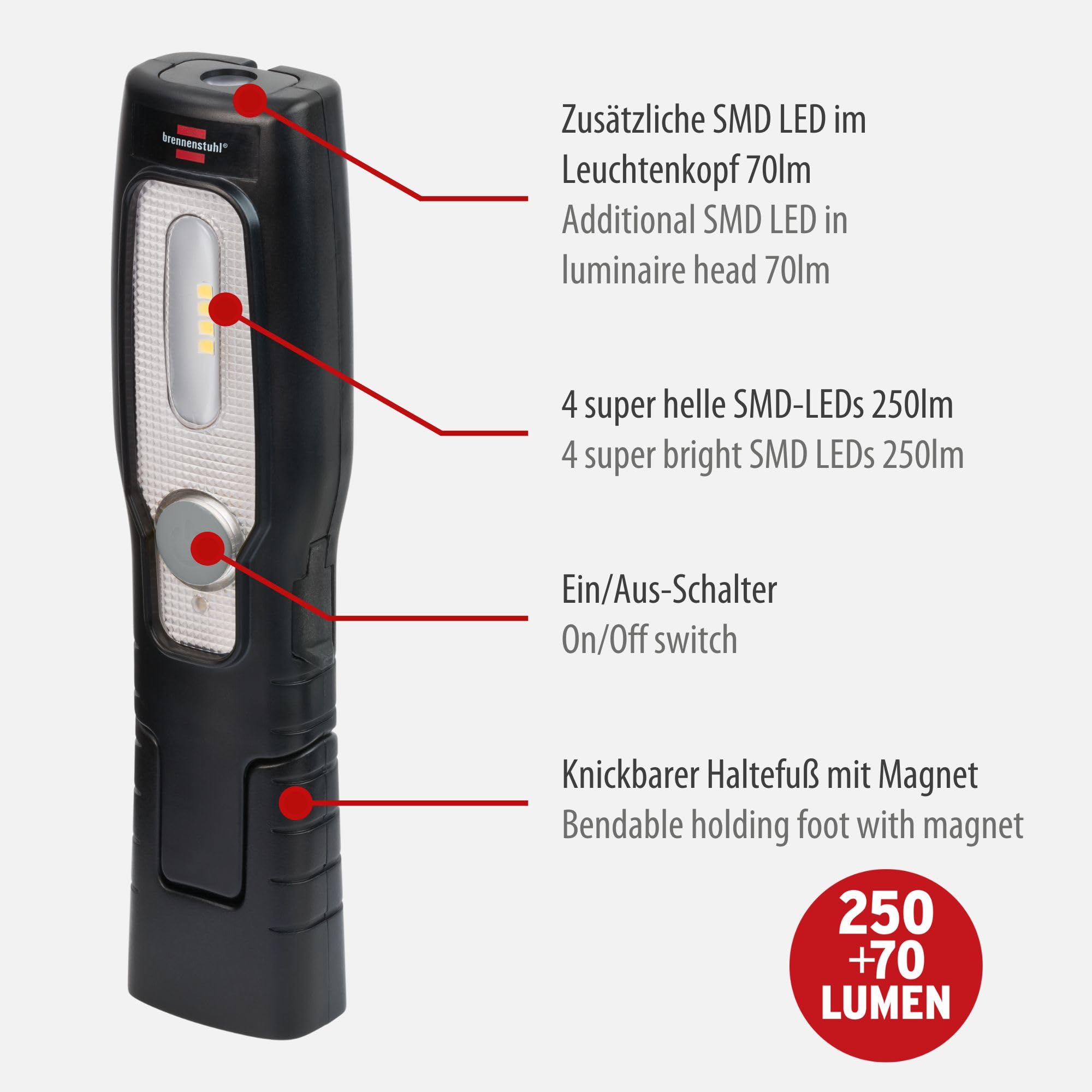 Brennenstuhl Linterna de taller LED recargable HL 201 A/Linterna mecánica LED con batería recargable (250 + 70lm, base articulada, con imán y gancho, incluye cable USB C)