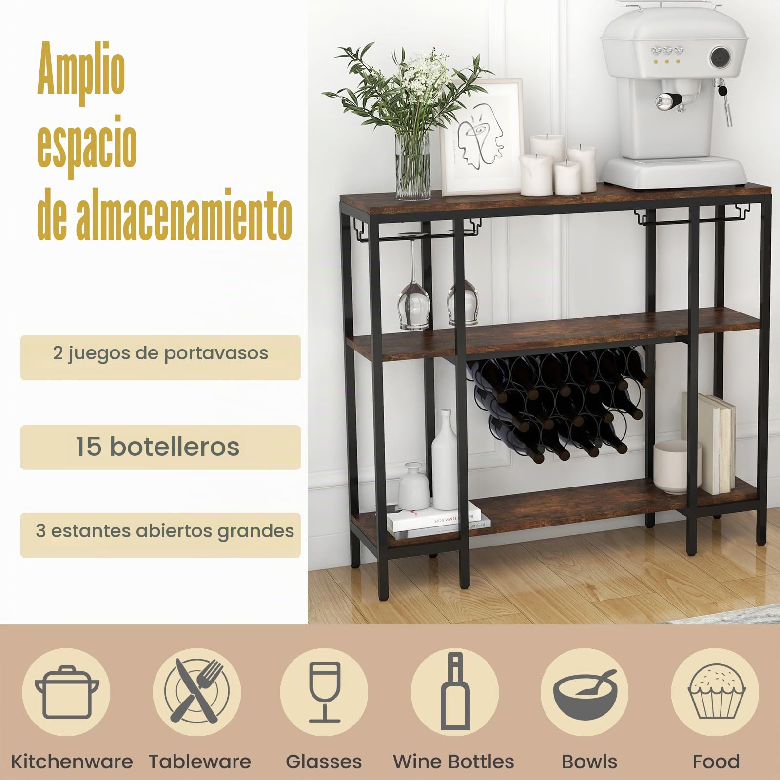 KOMFOTTEU Armario Bar de Vino de 3 Niveles, Botellero con con 2 Puertos USB y 2 Enchufes, Estantería de Almacenamiento para 15 Botellas con Portavasos, para Cocina, Salón, 113 x 35 x 85 cm (Marrón)