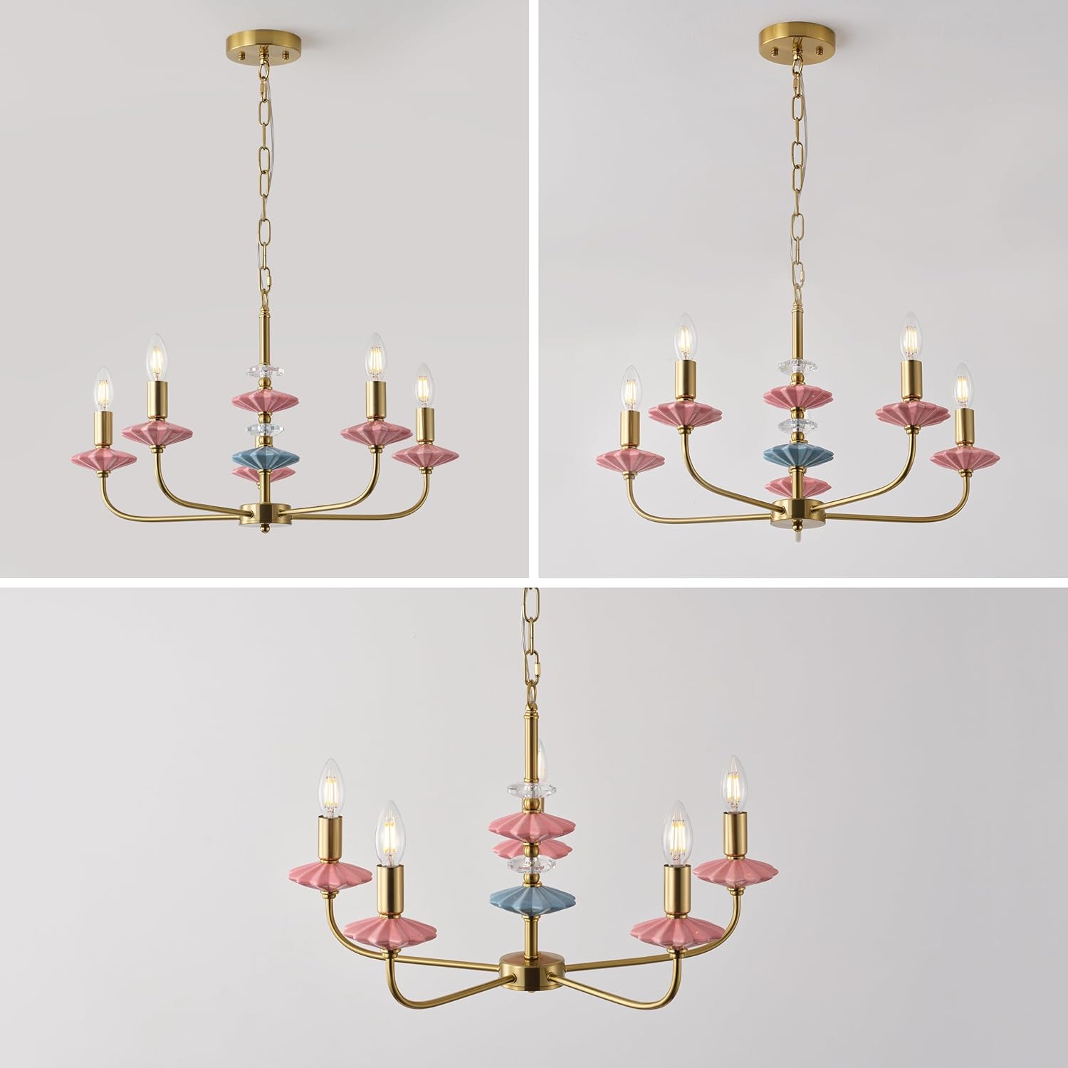 Pink Chandeliers for Dining Room Light Fixture Over Table,5-Light Art Deco Chandelier, Modern Retro Candle Chandelier with Ceramic,Farmhouse Chandelier for Girls Bedroom Living Room, Foyer
