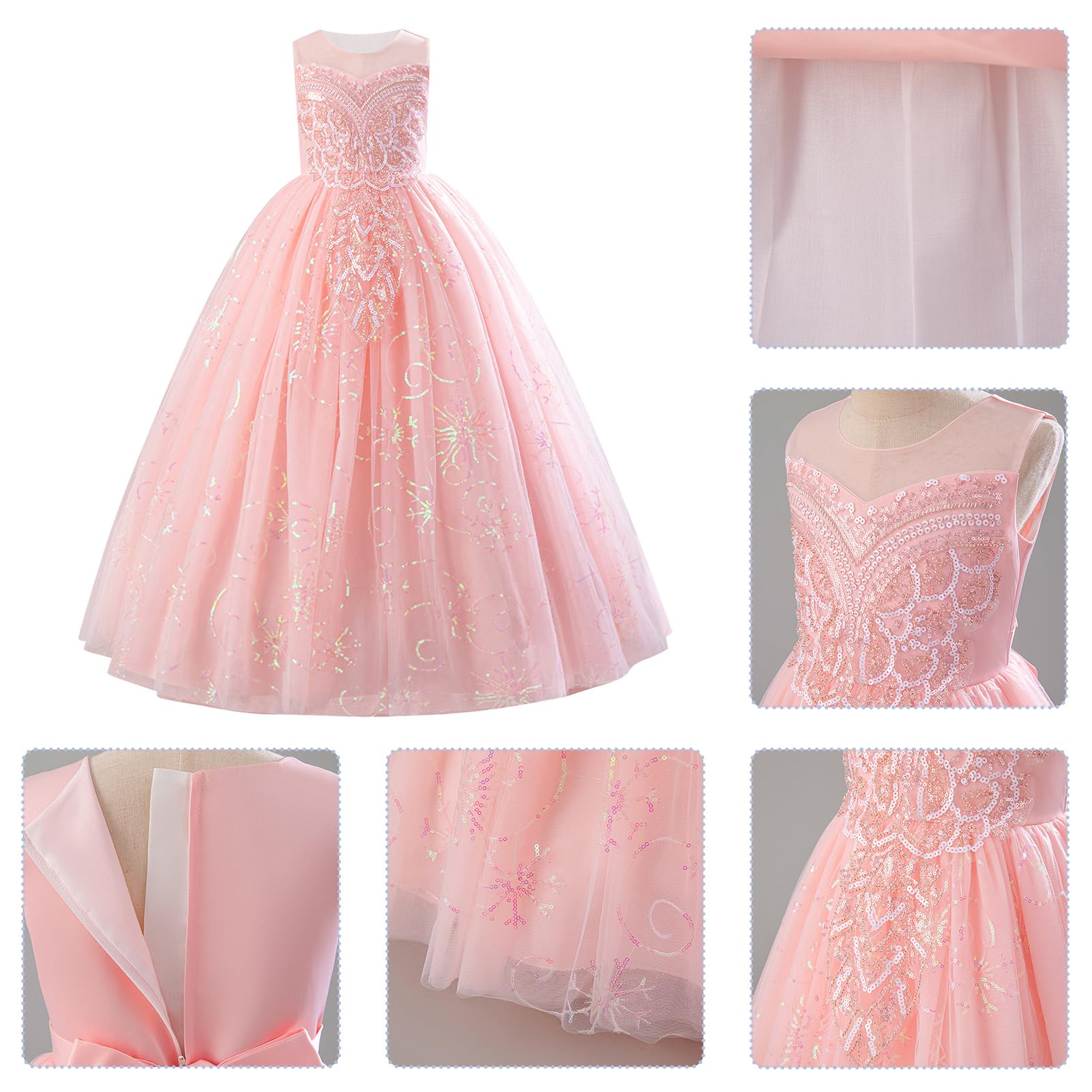 IDOPIP Enfant Fille Les Sequins Broderie Tulle Longue Robe Demoiselle d'honneur Fille Fleur Mariage La Fête Bal Officiel Soirée Anniversaire
