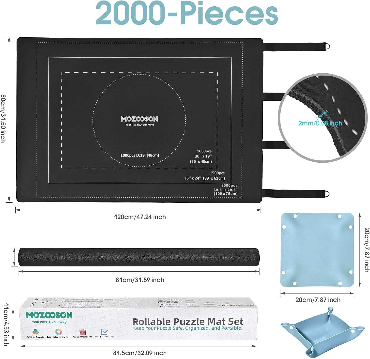 MOZOOSON Zwijana mata do puzzli 2000 sztuk - kompletny zestaw z 8 tackami, etui na prezent - gumowa mata 80 x 120 cm do przechowywania i transportu, na 1000/1500/2000 sztuk