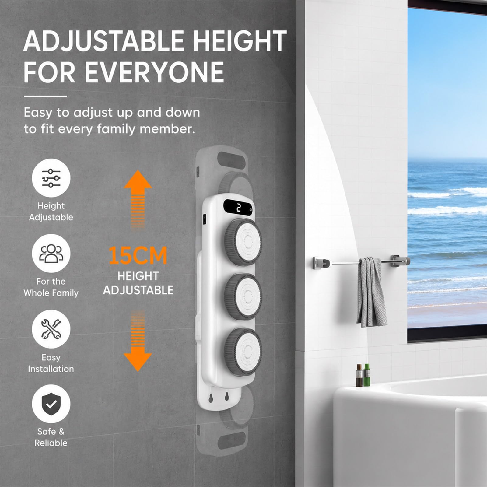 Cepillo Eléctrico para la Espalda para Ducha, Cepillo Eléctrico de Ducha de Pared, Cepillo Corporal para Cepillado en Seco, Limpieza, Exfoliación y Masaje, con 3 Cabezales Giratorios