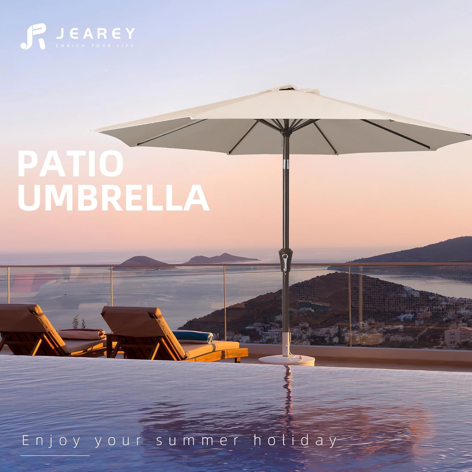 JEAREY 9FT Outdoor Patio Umbrella Market Umbrella with Push Button Tilt and Crank, Outdoor Table Umbrellas 8 Sturdy Ribs UV Protection Waterproof for Garden, Deck, Backyard, Pool (Cream Beige)
