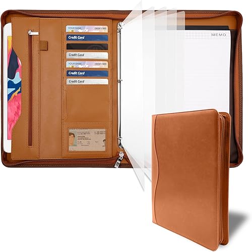 Miniatura 8 de Deziliao Folio organizador de documentos marrón, cartera de negocios de piel sintética de 10.4 pulgadas con cremallera, planificador de negocios,