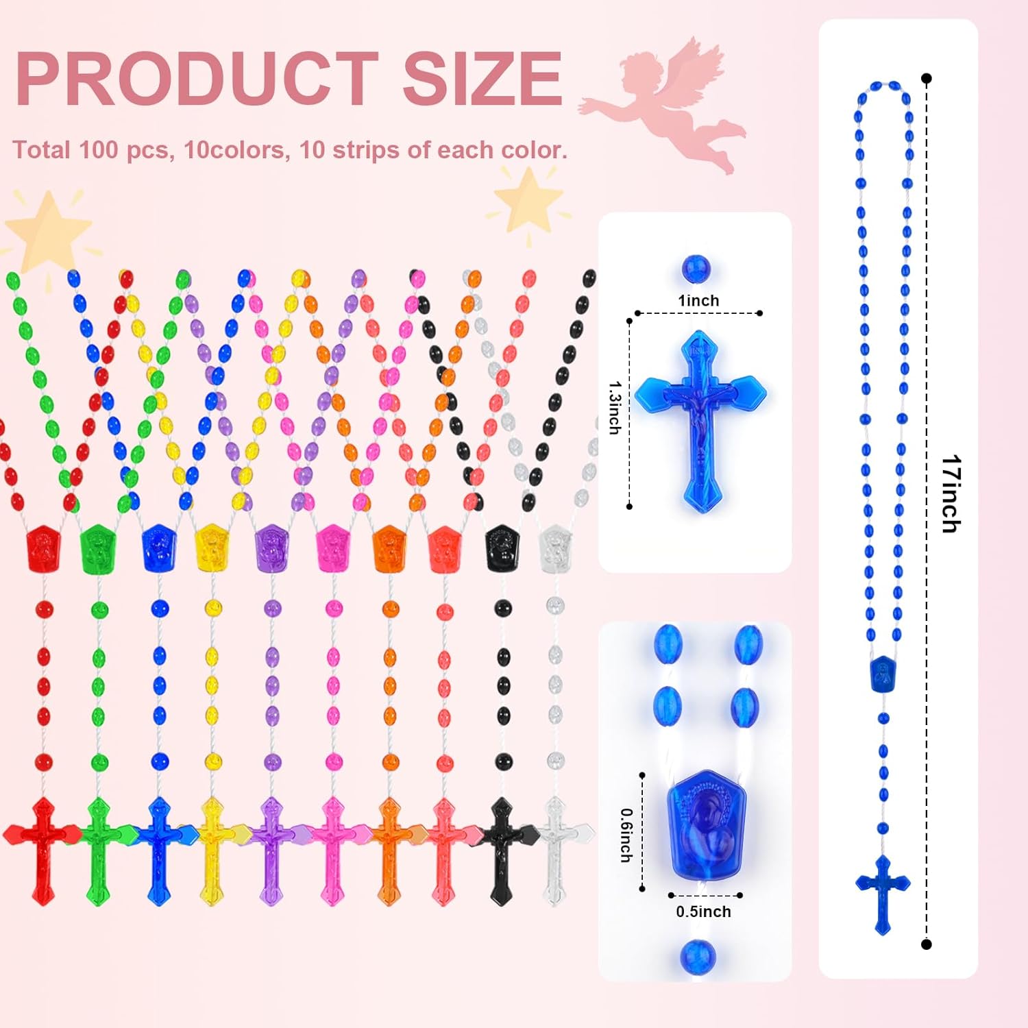 ZYFLSQ Bulk Plastic Rosary Beads Catholic 100 Pack, 17 Inch Assorted Rosary Cross Necklaces 10 Colors - Image 2
