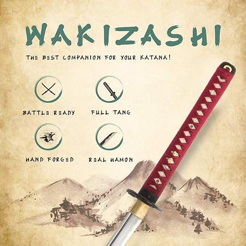 Miniatura 2 de HMS Espada samurai wakizashi japonesa, Oda Nobunaga Tsuba, forjada a mano, acero al carbono 1045, templado con calor, espiga completa, afilada