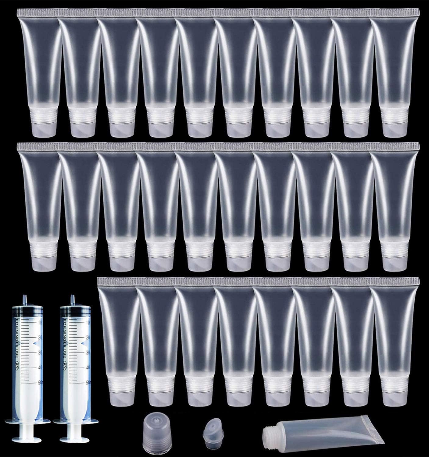 wordmo 30pcs Lip Gloss Tubes 10ml Clear Empty Bulk Cosmetic Tubes Lip Balm Containers Refillable Mini Soft Cosmetic Tubes with 2pcs 60ml Syringe for Girls Women DIY Makeup Cosmetic Accessories