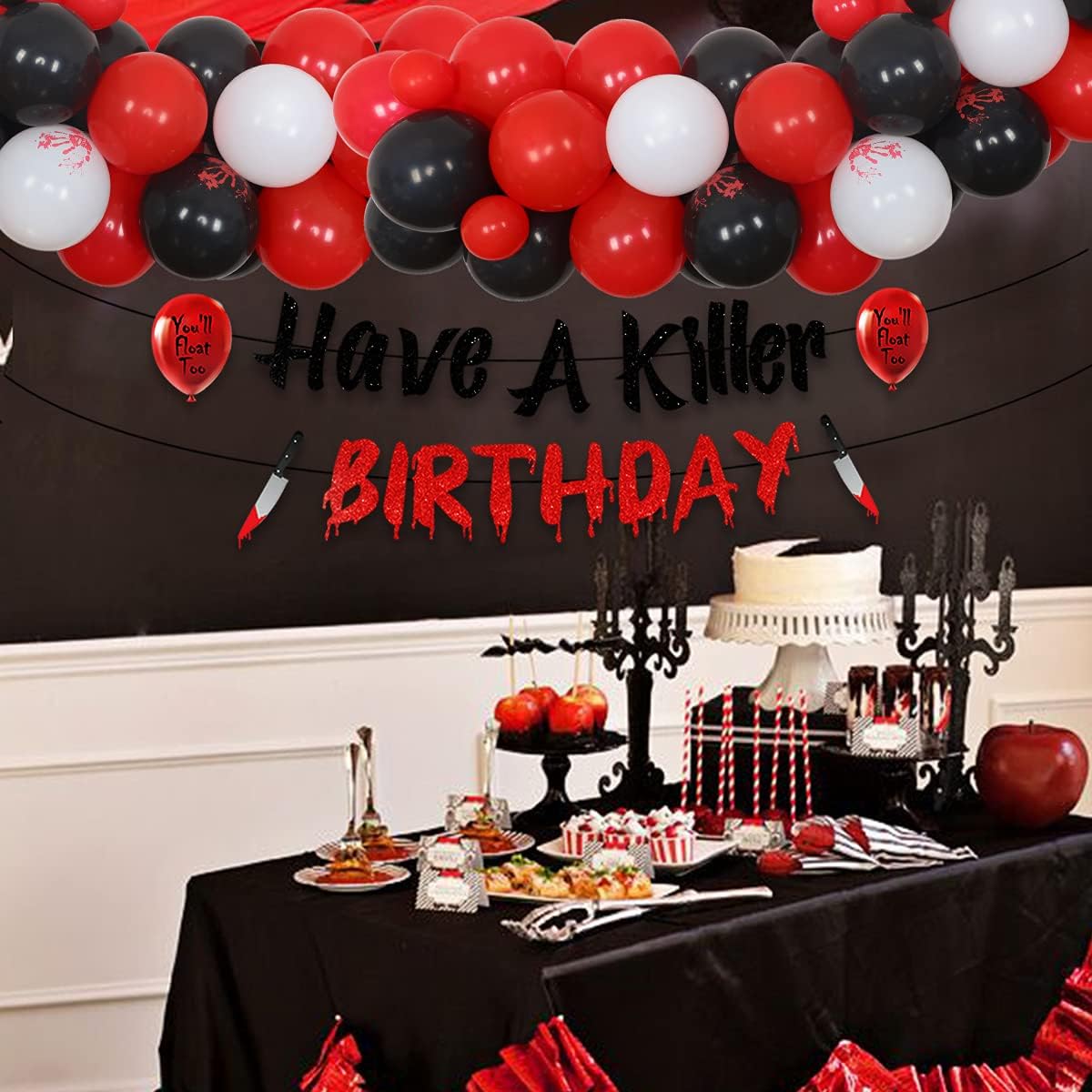Halloween Horror Birthday Balloon Garland Kit- Have A Killer Birthday Banner, Black and Red Balloons with Bloody Hand Printing for Scary Theme Parties