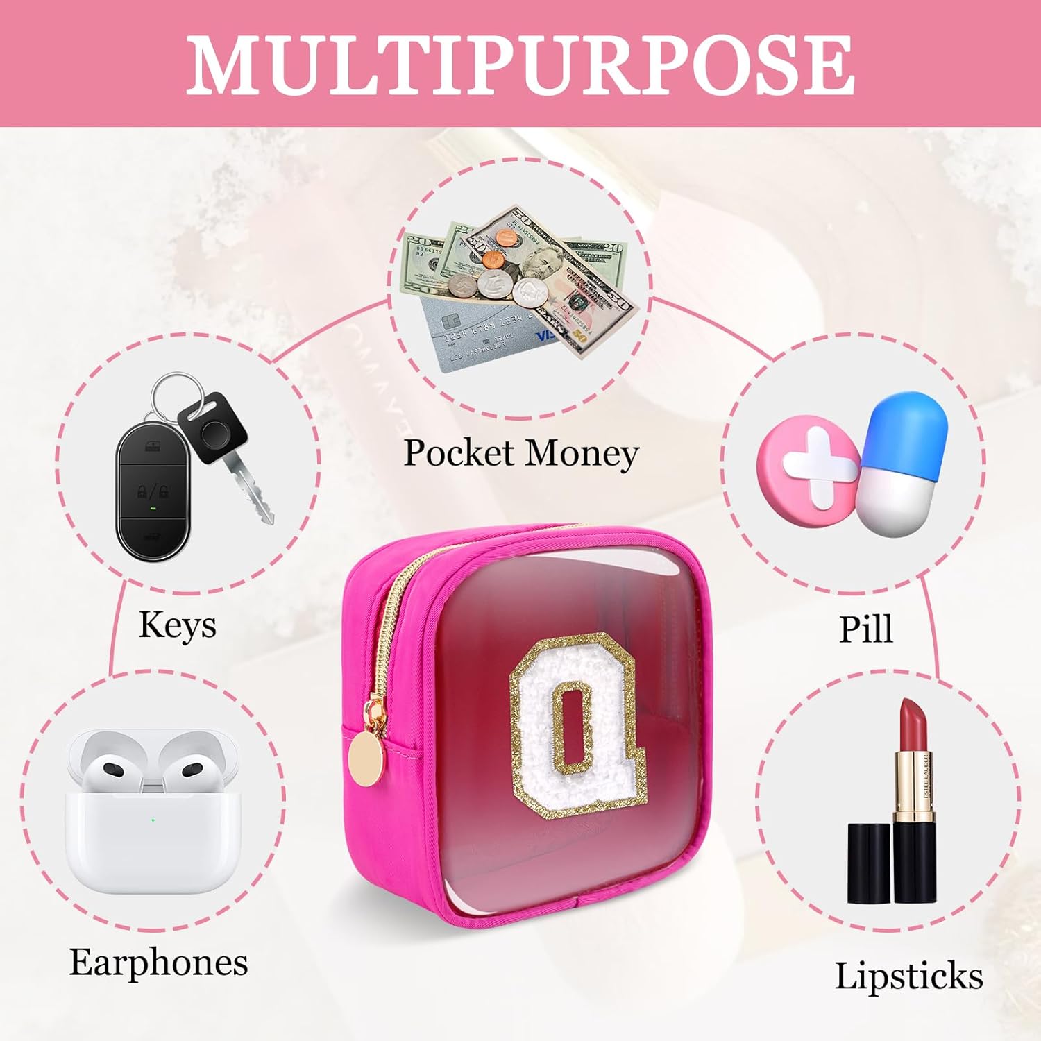 Mini Clear Personalized Initial Makeup Bag,Small Nylon Waterproof Zip Beach Cosmetic Pouch,Preppy A-Z Chenille Letter Patch Cute Coin Purse Travel Toiletry Bag Car Pack Bag for Women(Hot Pink-White Q) - Image 7