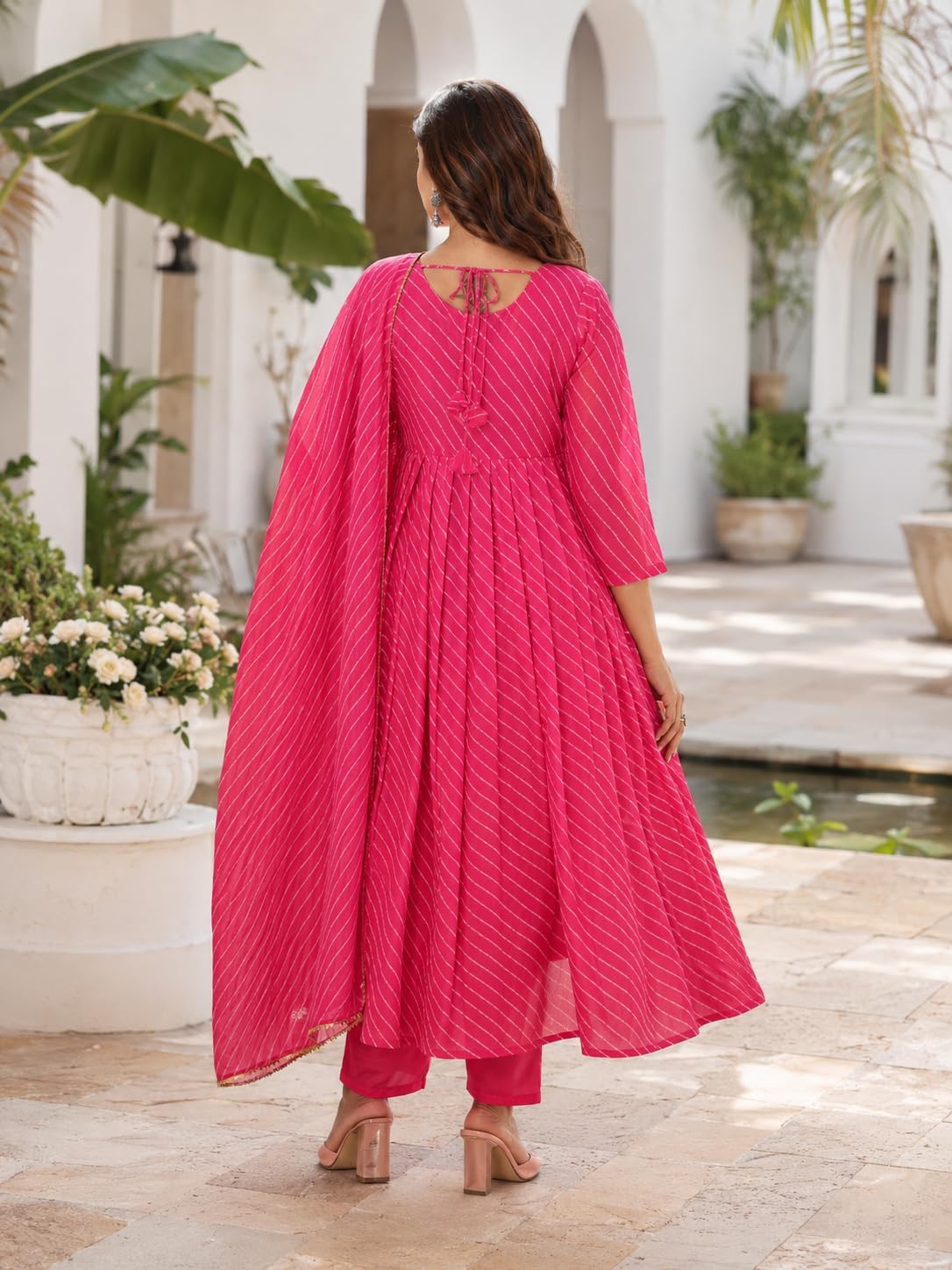 7 HORSE Women Blue Weightless Striped Anarkali Kurta Set with Pants & Dupatta | 3-Piece Suit