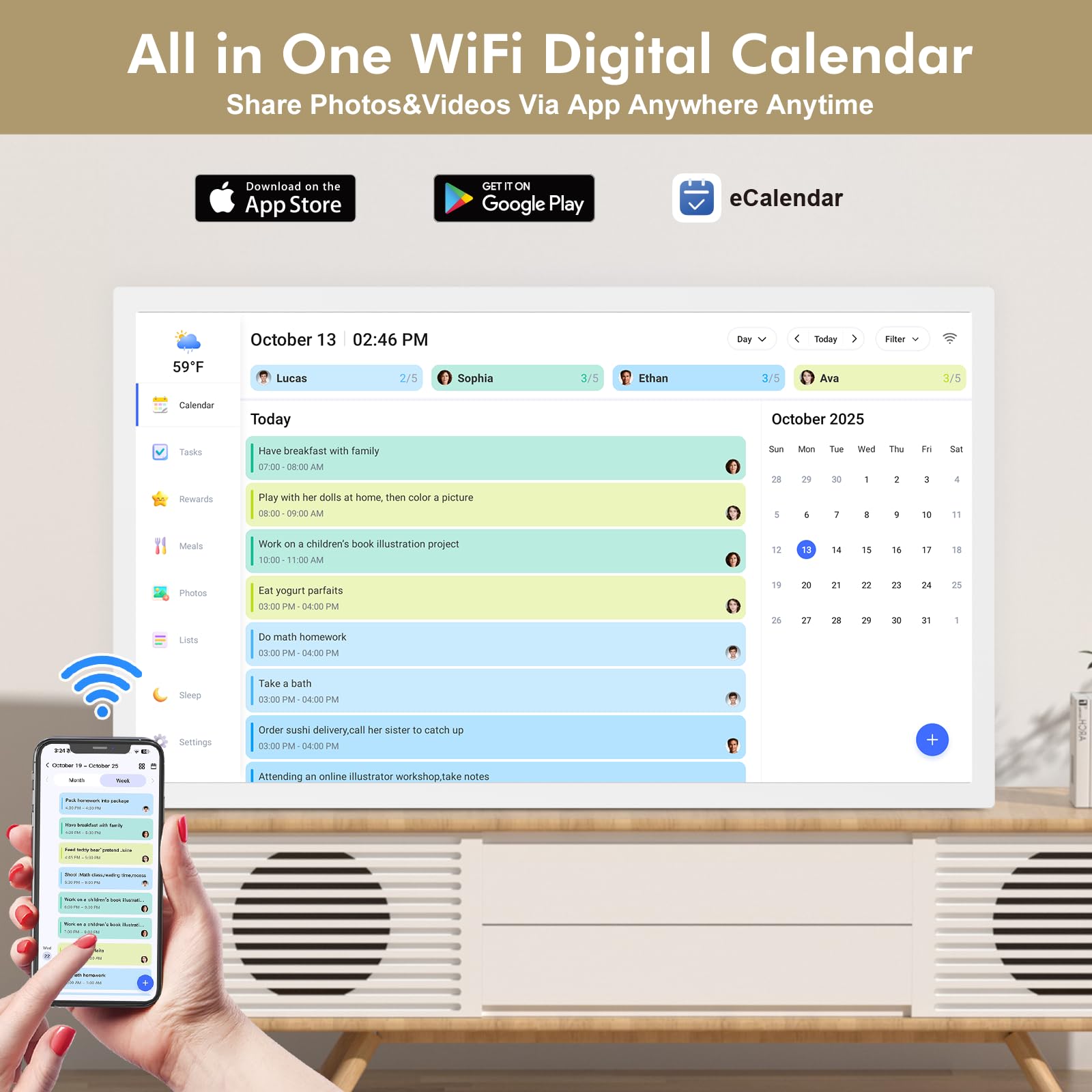 Calendrier numérique pour planificateur de repas familial – Écran tactile interactif de 68,6 cm – Calendrier intelligent pour liste de choses à faire en famille, double WiFi, synchronisation