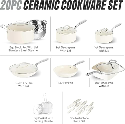 Miniatura 4 de Gotham Steel - Juego de 20 piezas de ollas y sartenes antiadherentes de cerámica con sartén para freír profunda y juego de 6 piezas de cuchillos,