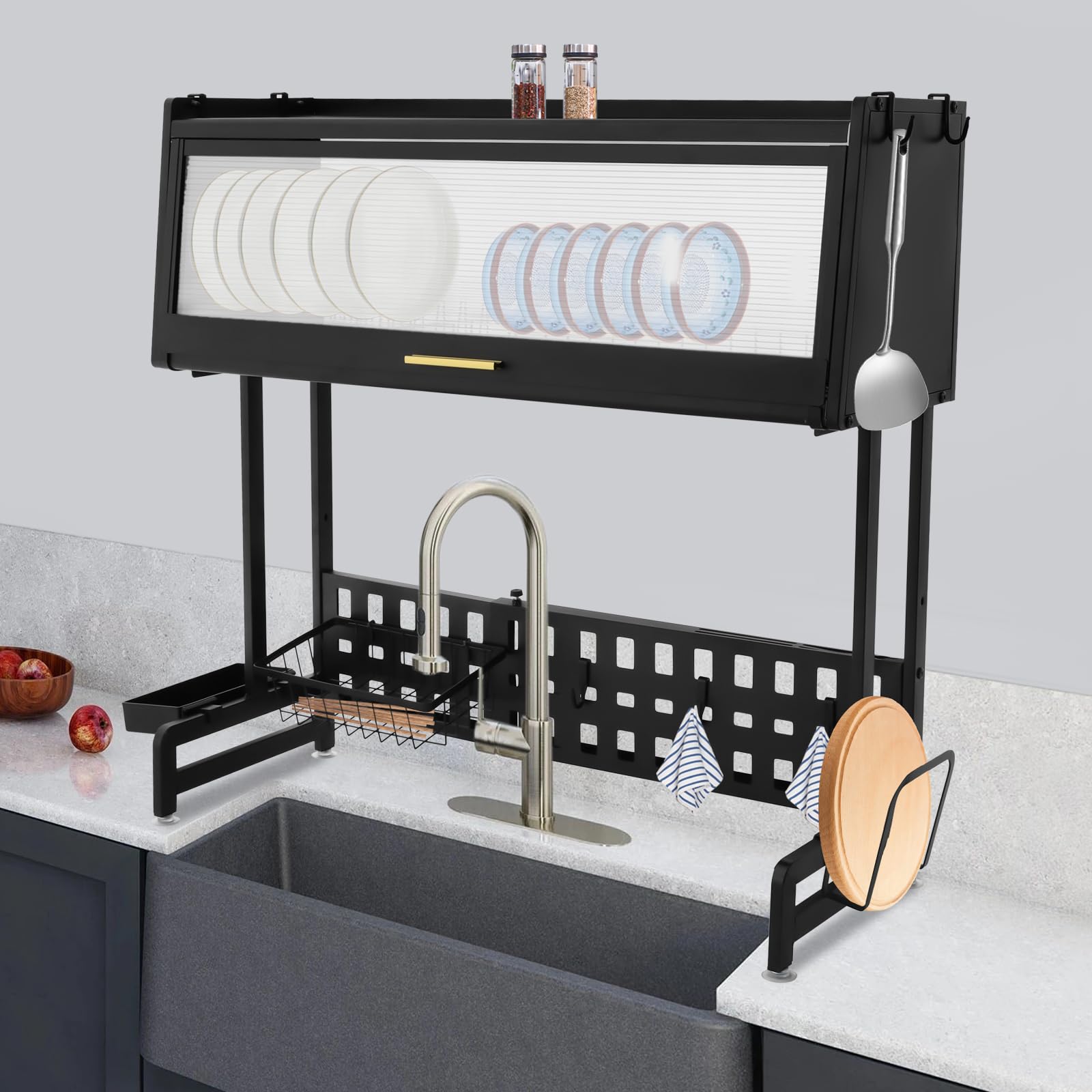 Escurreplatos de acero al carbono con soporte para utensilios, escurridor ajustable sobre el fregadero con agujeros de drenaje, soporte para platos con soporte para tabla de cortar