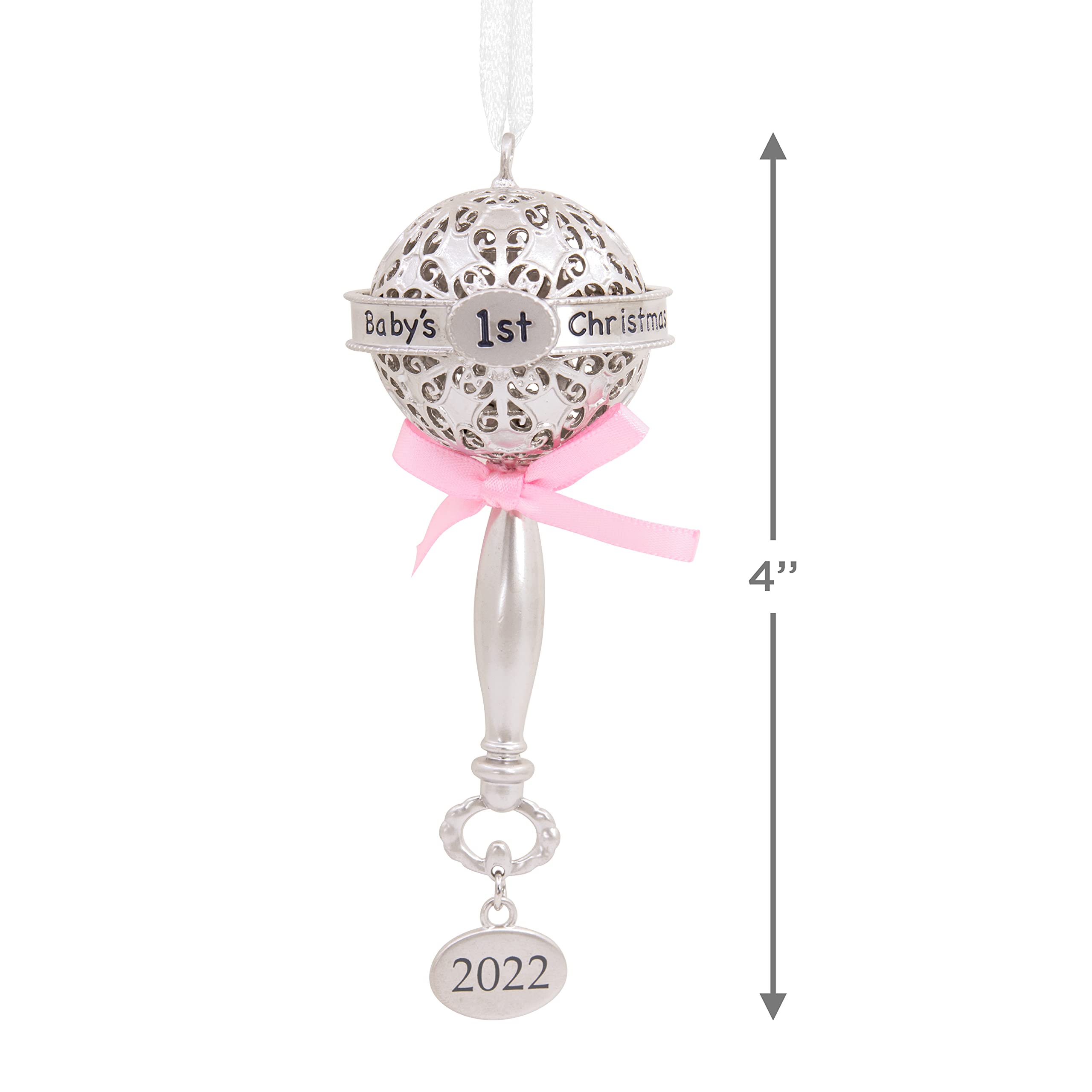 Hallmark Premium Baby's First Christmas Silber Baby Rassel mit rosa Band 2022 Weihnachtsschmuck Metall