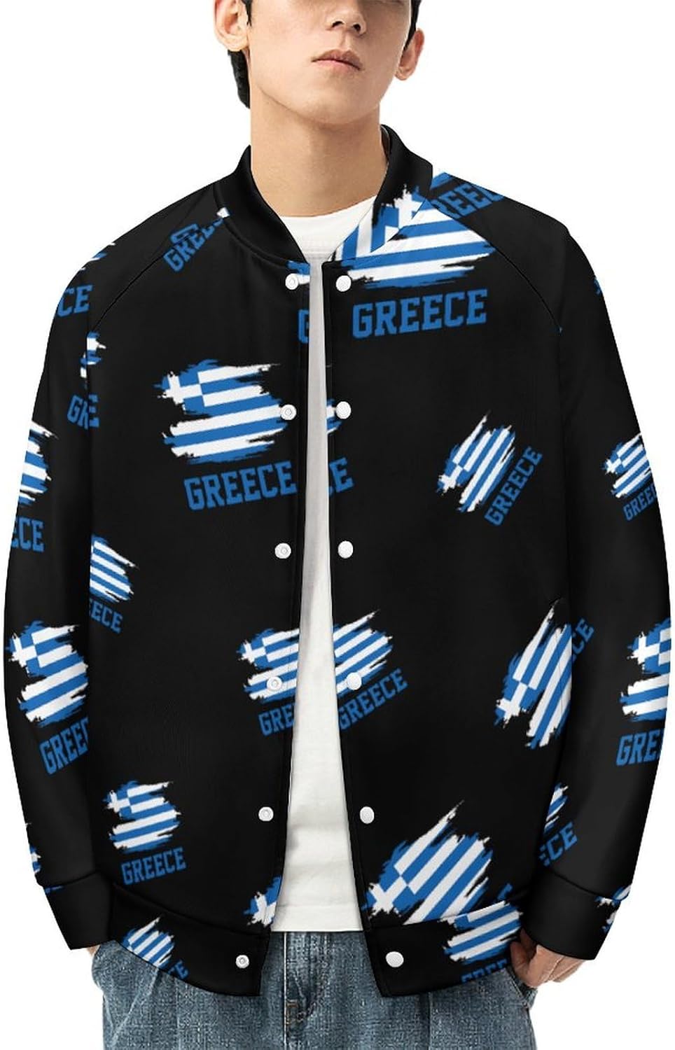 Greece Flag Novelty Men's Baseball Jackets Causal Sweatshirt Button Top Long Sleeve Coat