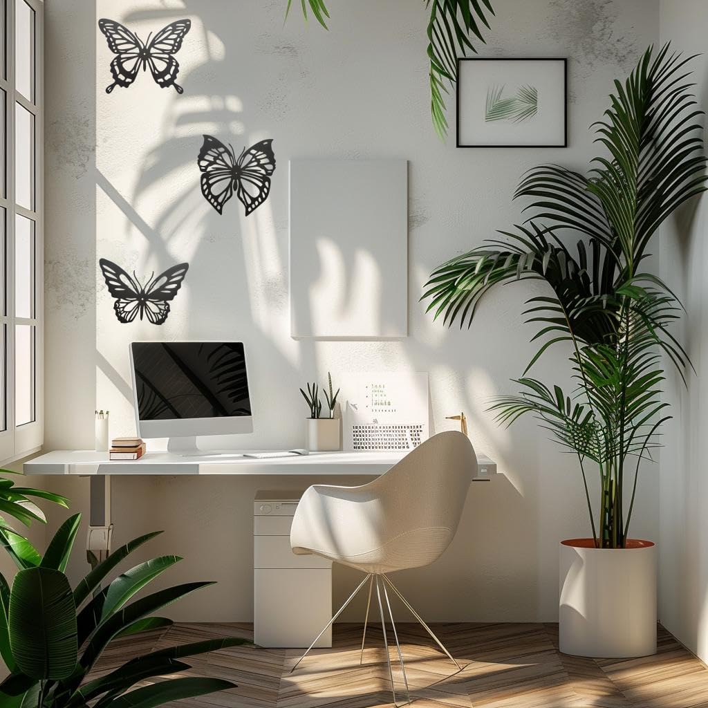 3 piezas de decoración de pared de mariposa de metal negro – Decoración versátil para exteriores e interiores para sala de estar, dormitorio y baño, tamaño grande 5