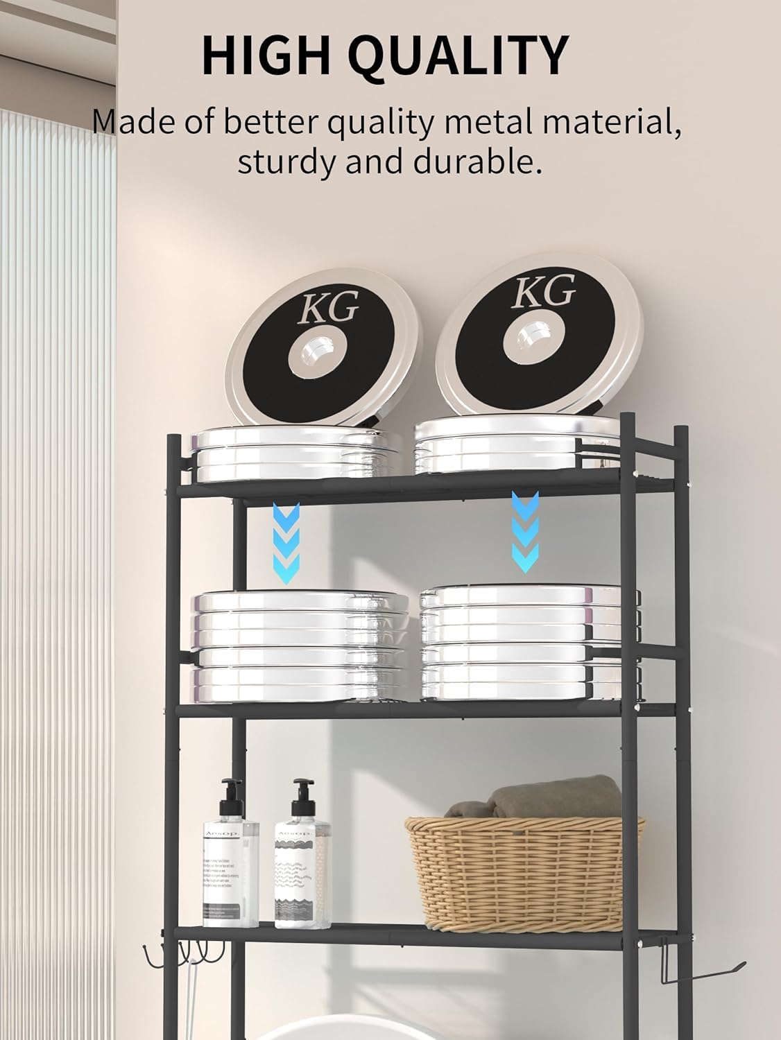 GloTika 3-Tier über die Toilette Lagerung, Platzsparer Metall Badezimmer Regale, freistehend über die Toilette Lagerung Regal mit 4 Haken für Badezimmer, schwarz