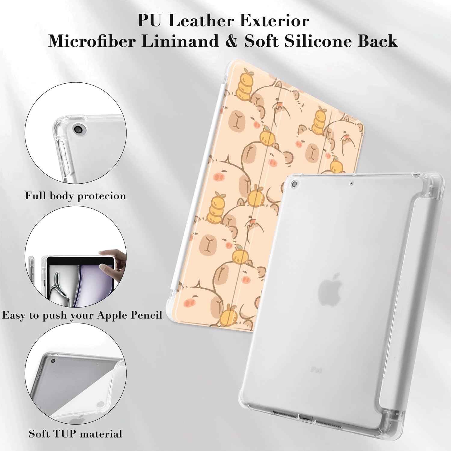 Idocolors Cute Capybara Pad Case for 10.2 Inch iPad 9th/7th/8th Generation, Clear TPU Trifold Stand Back Cover with Pencil Holder, Auto Wake/Sleep Protective Case for iPad 2021/2020/2019