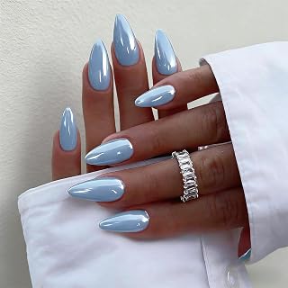 KQueenest Press On Nails Almond - Chrome Künstliche Nägel zum Aufkleben Baby Blau, Sparkle Glitzer Fake Nails Mittel, Einfarbig Glänzend Bling Acryl Nägel Press ons für Damen Hochzeit, 24 Stück