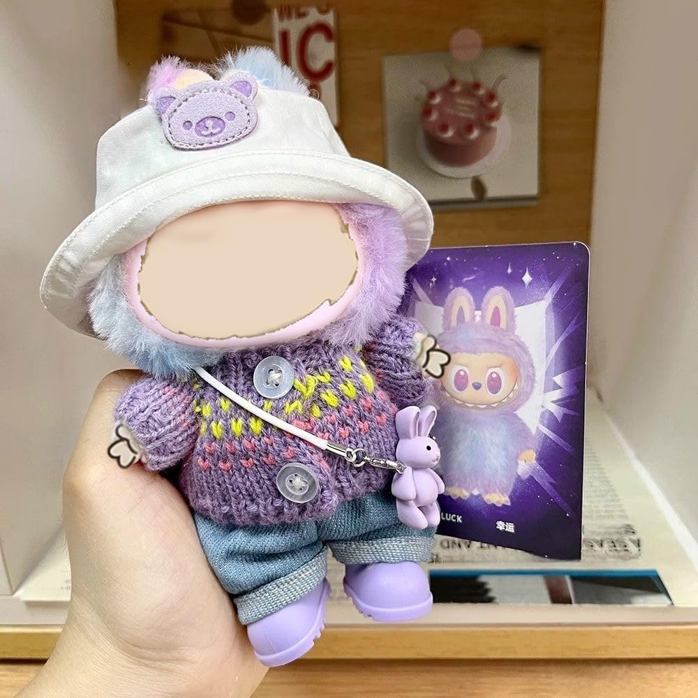 5-Piece Plush Figure Outfit Set for 17cm Plush Keychain Figures – Includes Embroidered Bucket Hat, Knitted Colorful Sweater, Casual Pants, Stylish Shoes, and Mini Bunny Charm(23(No Doll))