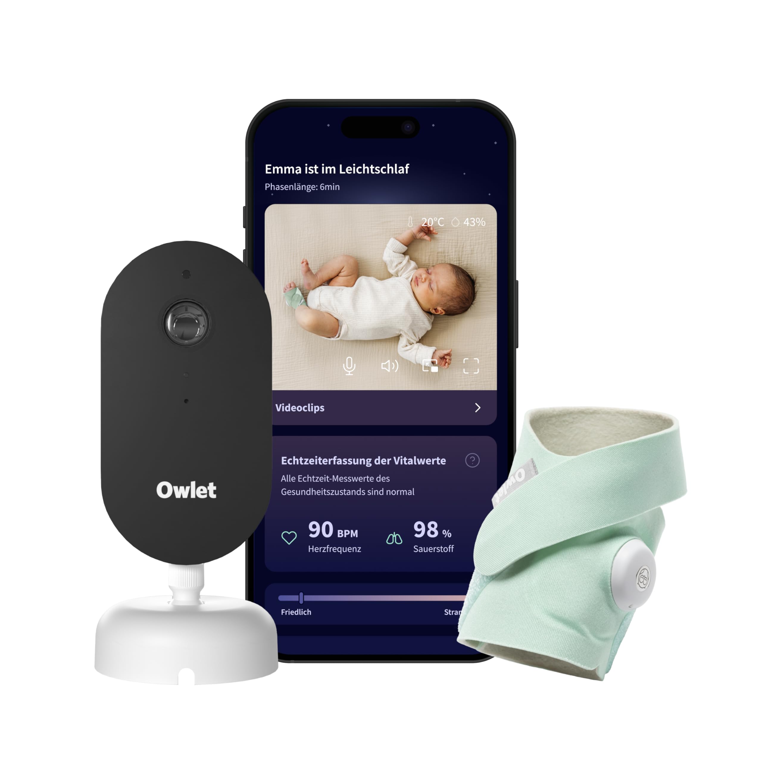 Owlet Dream Duo – Smartes Babyphone mit App | Sensorbasierte Babyüberwachung mit Dream Sock®, 2K HD Kamera, Schlaftracking & Echtzeit-Benachrichtigungen | WLAN | Mint