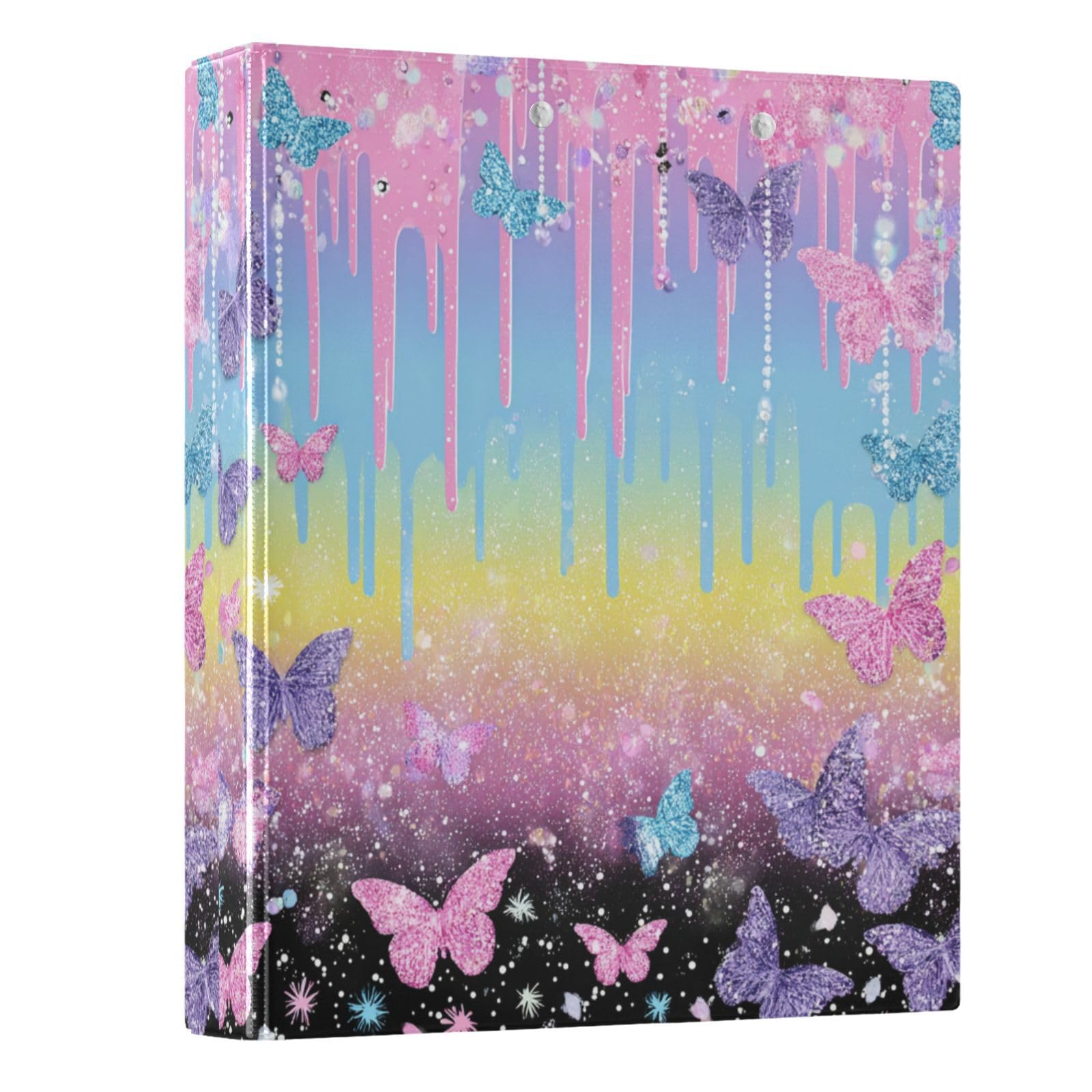 Kcldeci Raccoglitore a 3 anelli con copertina rigida per carta formato lettera, farfalle glitterate glitterate, anelli rotondi da 3,8 cm, organizer per scuola/ufficio, confezione da 2