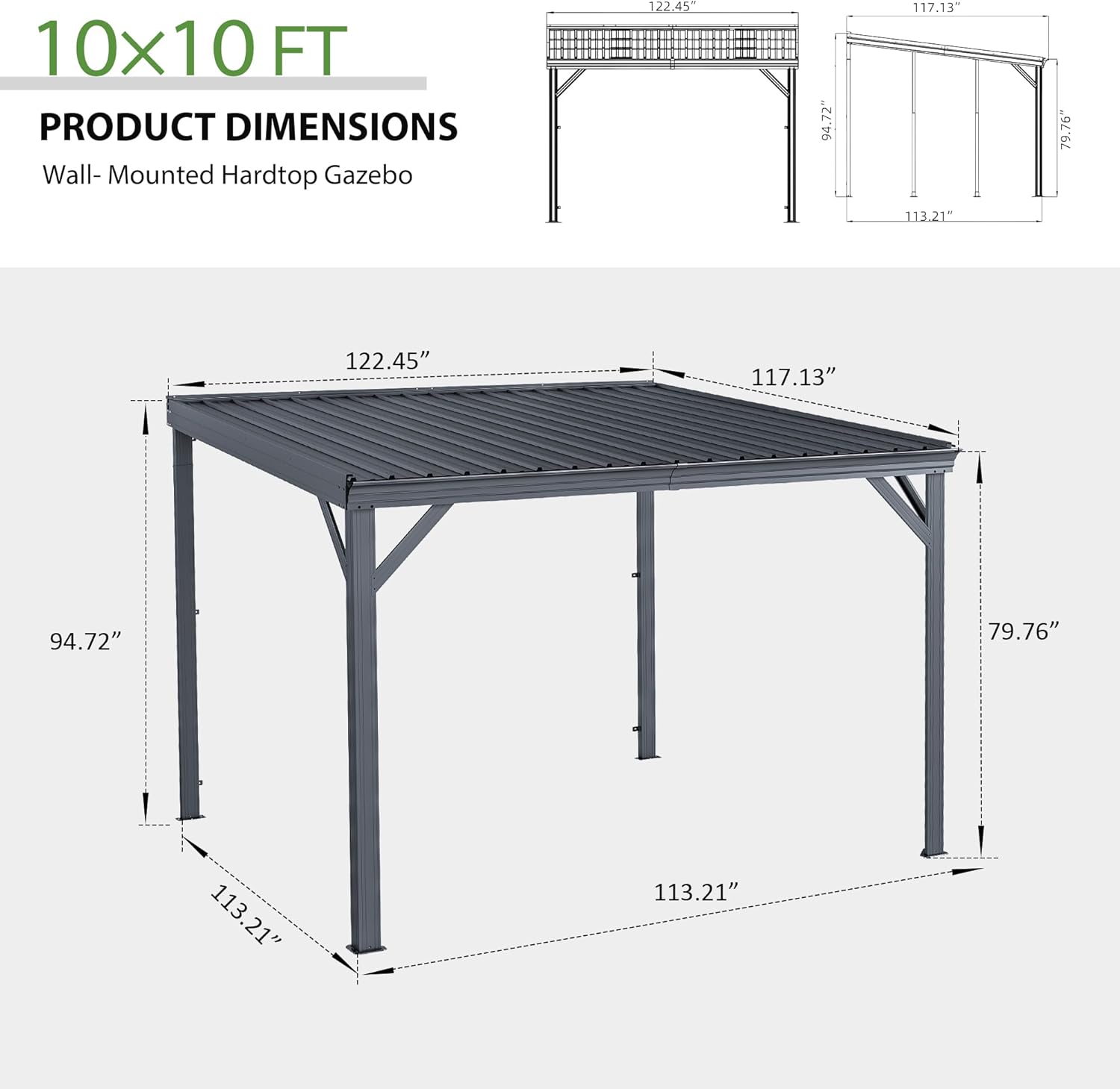 Detailed product dimensions for the 10x10 ft wall-mounted hardtop gazebo.