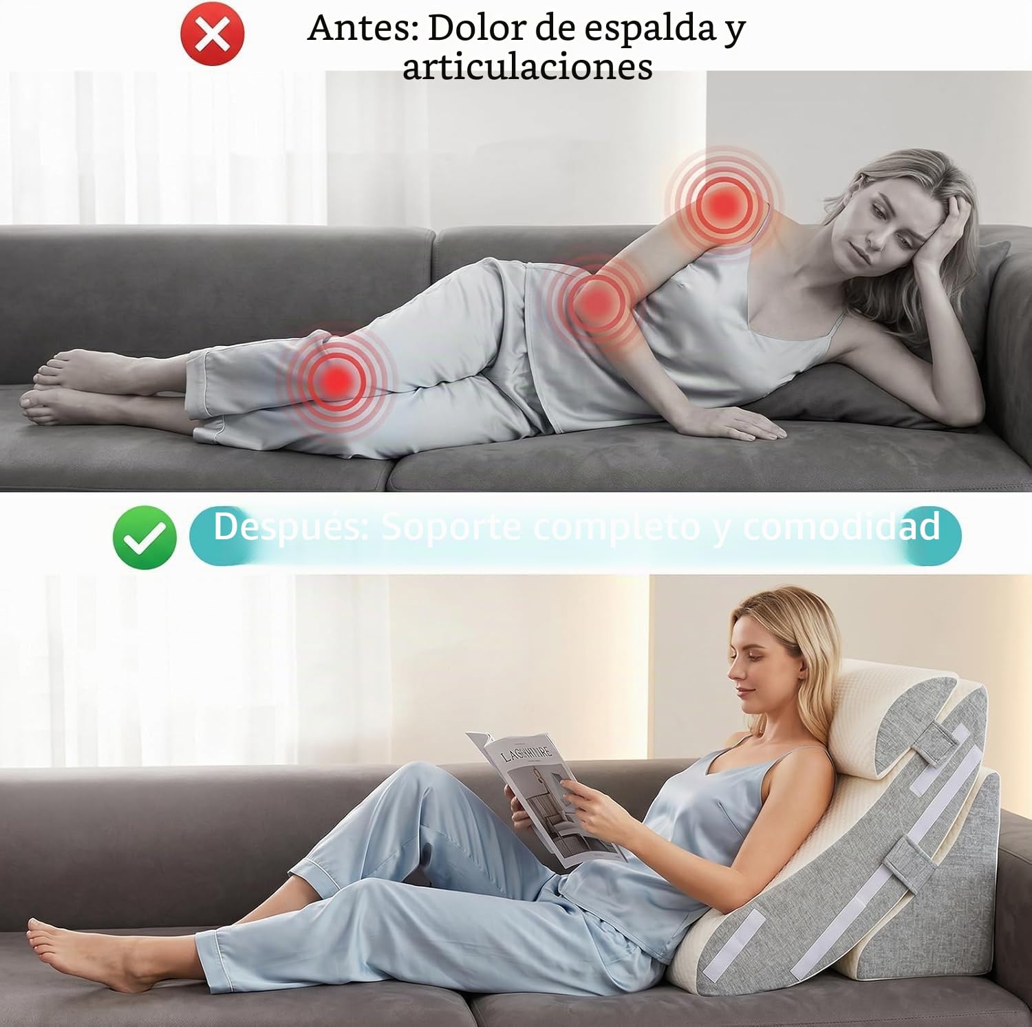 Juego de almohadas de cuña para cama, 3 piezas ajustables, espuma para recuperación postoperatoria, alivio del reflujo ácido y apoyo del dolor de espalda, cojín inclinado ergonómico para