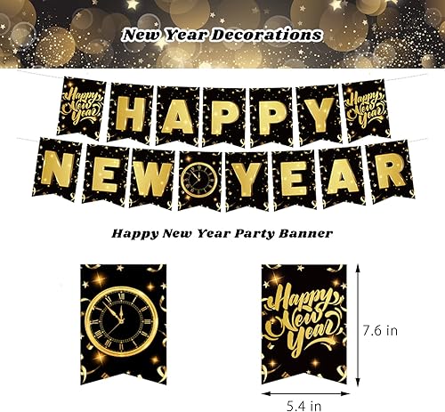 Miniatura 4 de Decoraciones de Año Nuevo 2025, suministros de fiesta de feliz año nuevo negro dorado con banderines, espirales colgantes, accesorios de cabina de