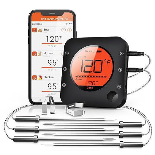 BFOUR bluetooth meat thermometer with 6 probes and large LCD display