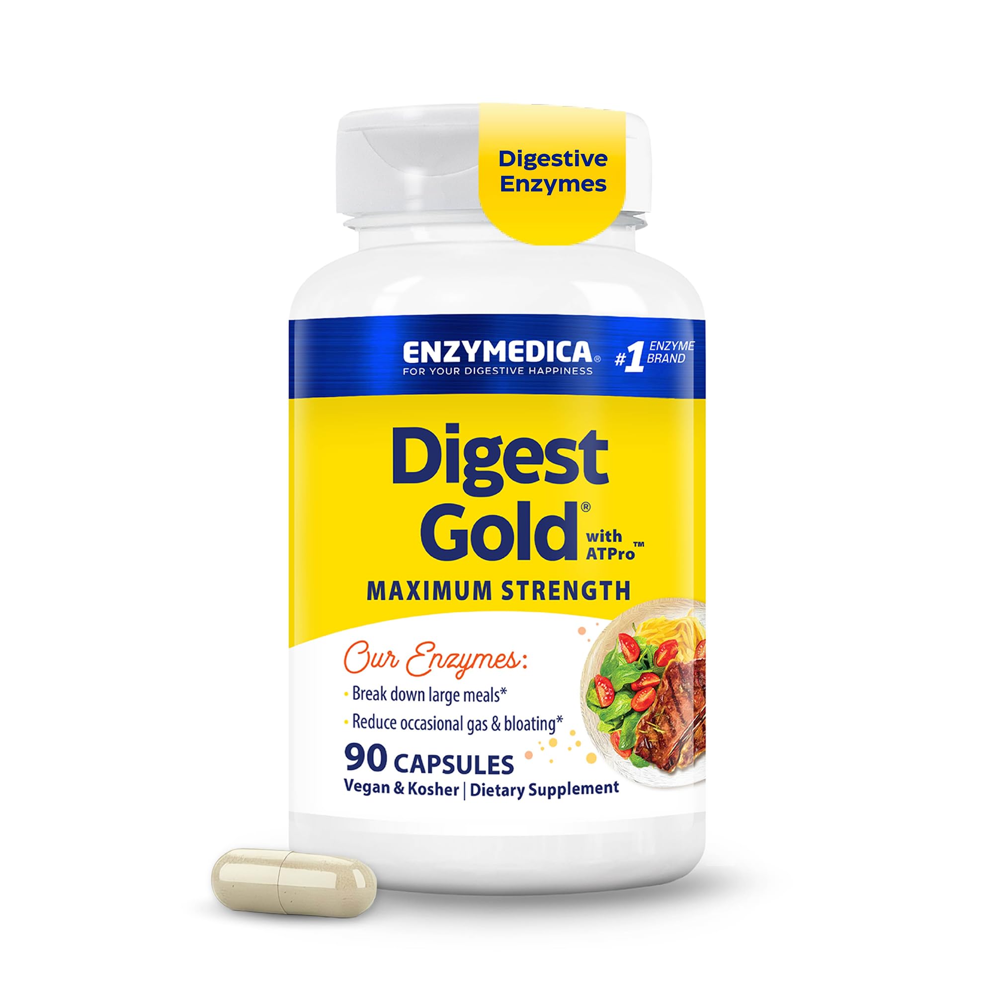 Digest Gold + ATPro, Maximum Strength Enzyme Formula, Fast-Acting, Helps Digest Large Meals, Prevents Bloating and Gas, 90 Capsules