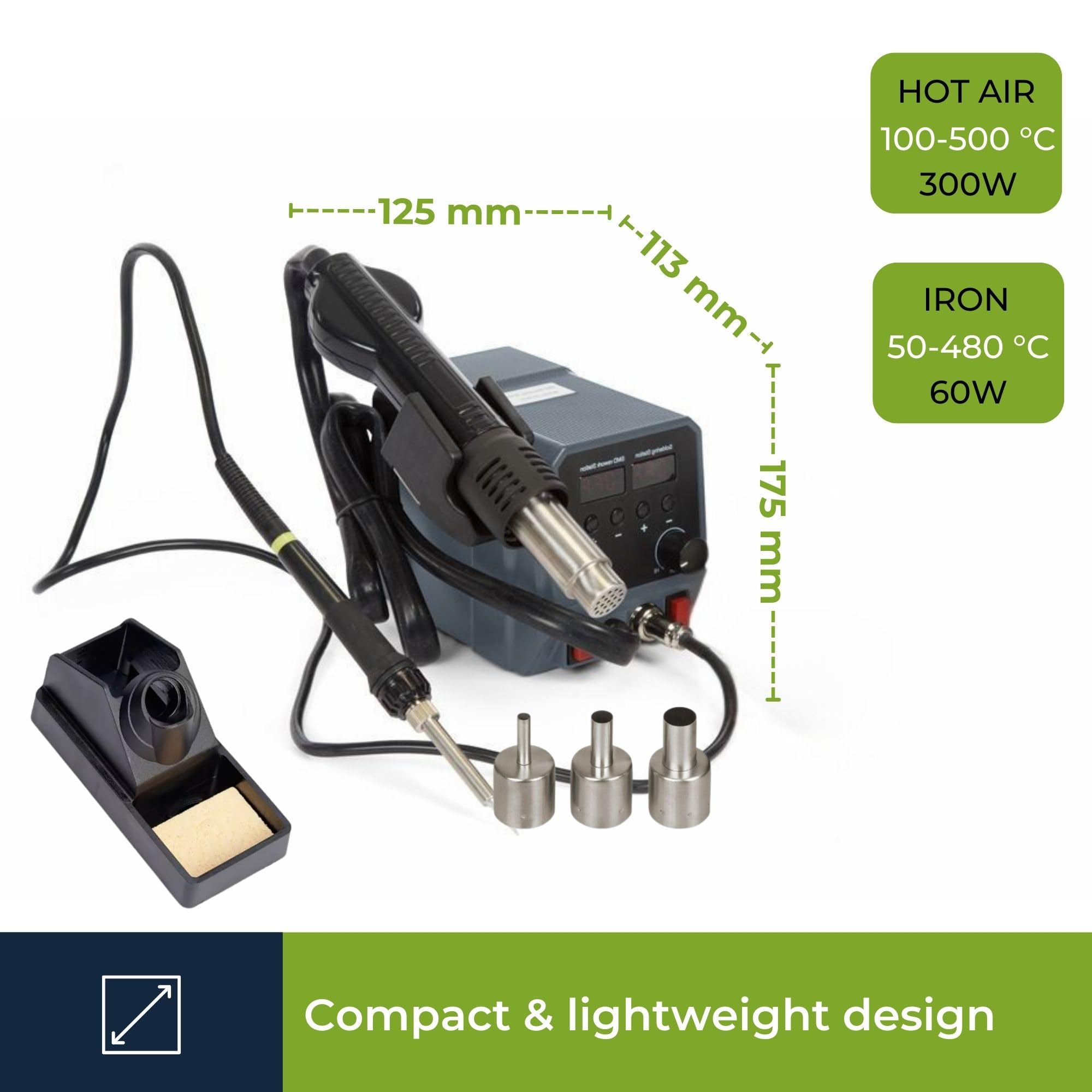 Velleman Stazione di saldatura 2-in-1 multifunzione con saldatore da 60W e pistola ad aria calda da 300W, controllo temperatura a microprocessore, ideale per SMD, PCB ed elettronica