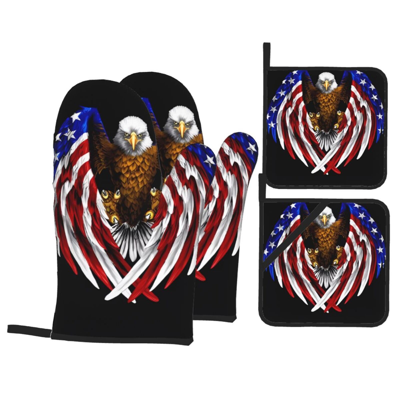 YYHHAOFA USA Flag Patriotic Eagle Prints Kitchen Baking Set with Heat Resistant Pot Holders & Oven Mitts - Waterproof Layer for Hot Dishes, Grill & Microwave