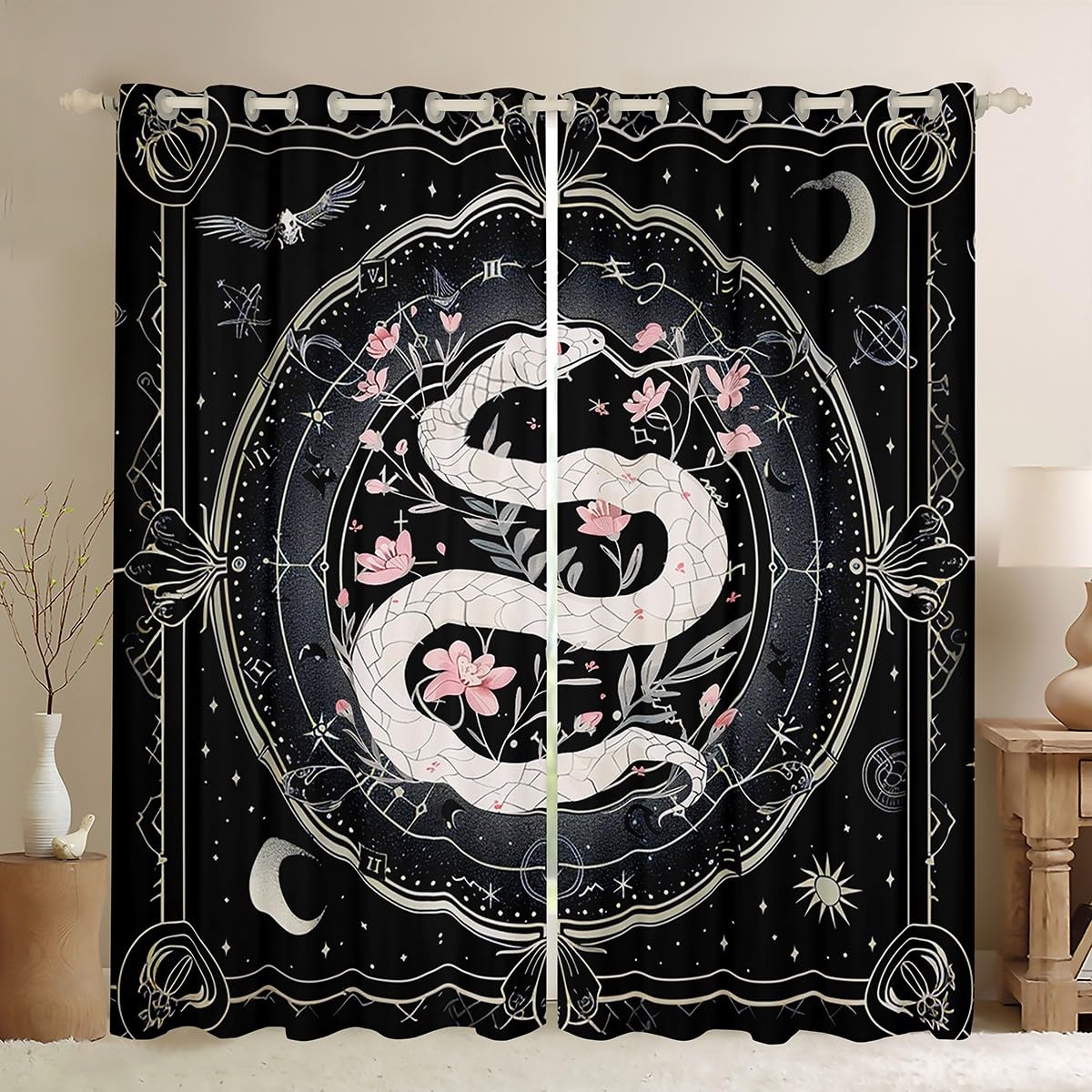White Snake Blackout Curtains Teens Adult Women,Pink Peach Blossom Curtains for Bedroom,Boho Sun Moon Draperies for Living Room,Mysterious Snake Window Treatment Curtains Set of 2 Panels,66Wx72L