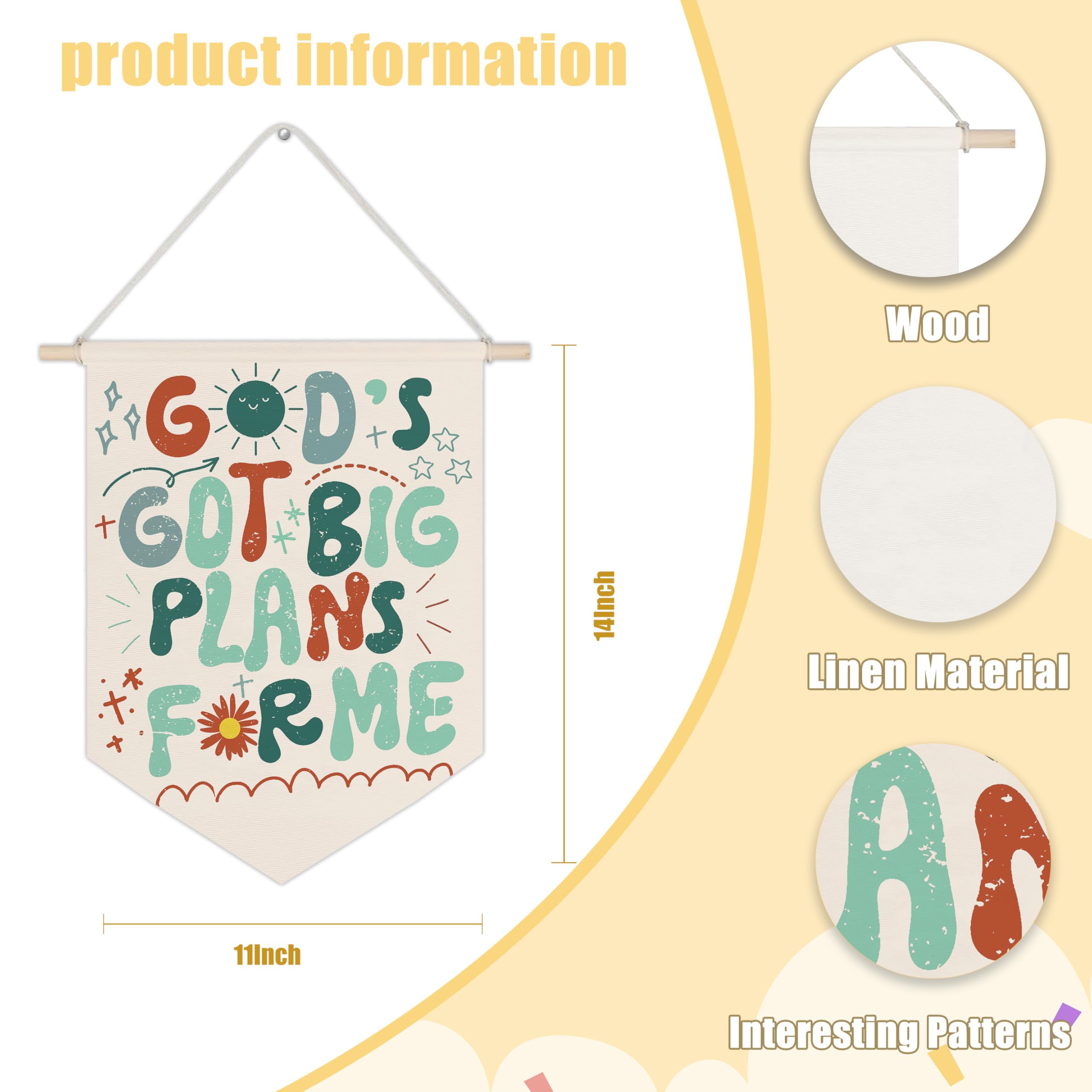 WUCHJ Boho Christian Nursery Canvas Wall Banners, God's Got Big Plans for Me Hanging Display Pennant Flags, Inspirational Bible Verses Wall Decor for Kids Toddler Nursery Bedroom Playroom 11x14 Inch