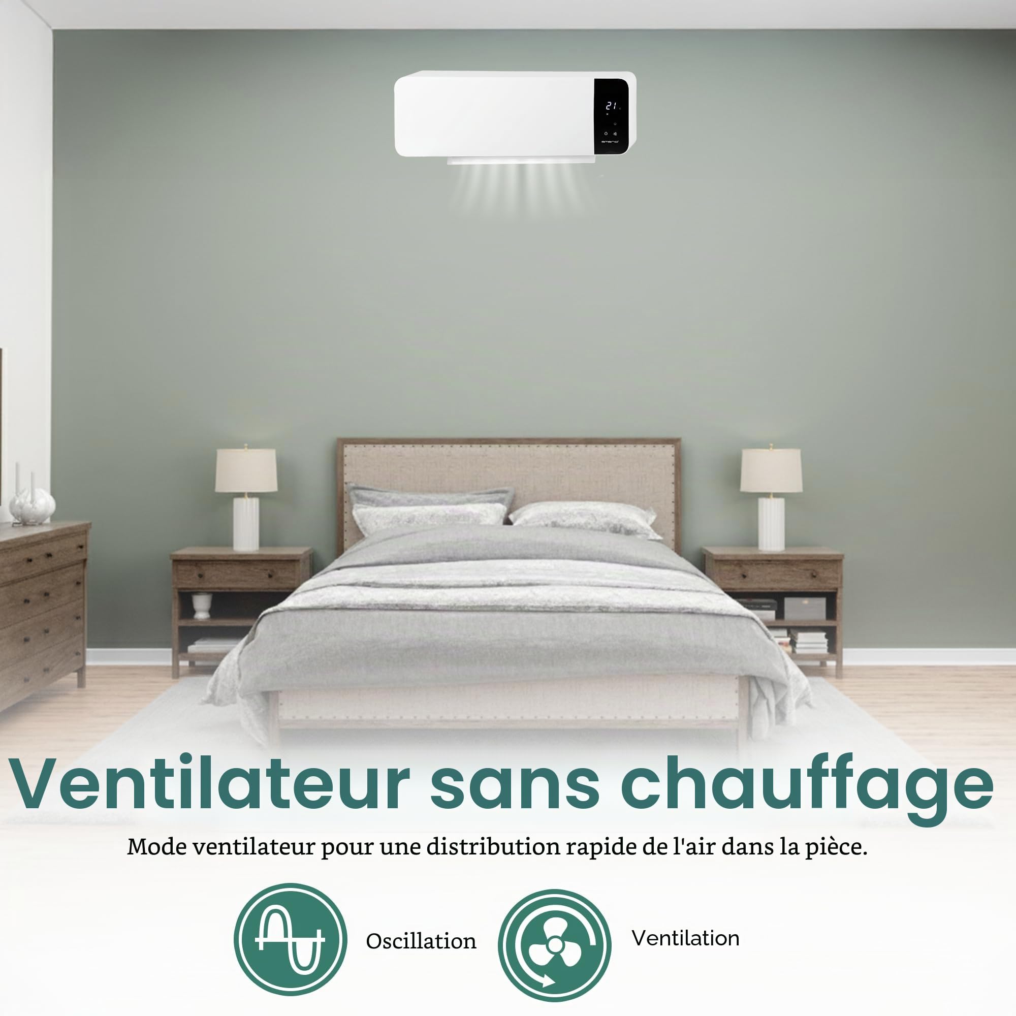 EMERIO FH-133172 Radiateur soufflant mural 2000 W, minuterie hebdomadaire réglable, élément chauffant PTC (céramique), 2 niveaux de chaleur, thermostat réglable, fenêtre ouverte, détection oscillante