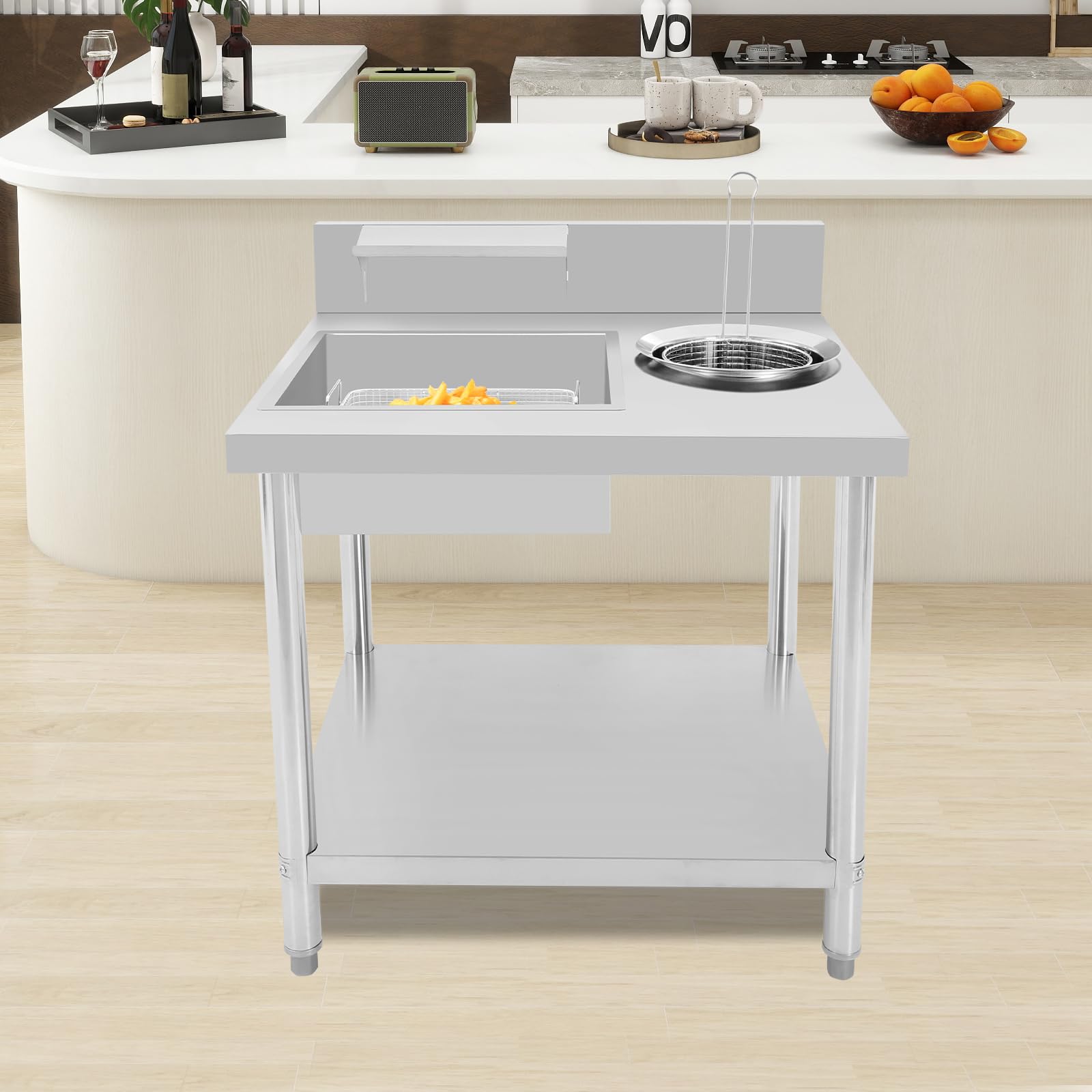 Tavolo per la preparazione di pollo fritto con 2 vasche da bagno, 2 cesti e ripiano inferiore, piano di lavoro in acciaio inox per ristoranti di pollo fritti, ristoranti fast food